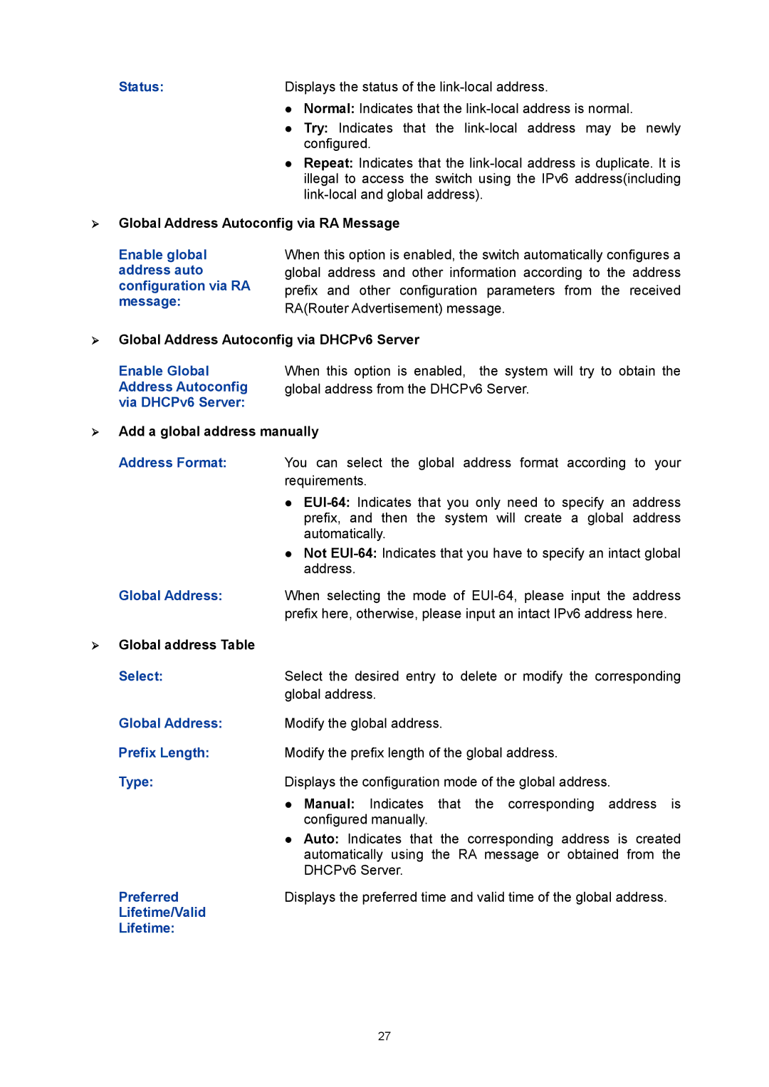TP-Link TL-SG3424P manual Enable global, Global Address, Prefix Length, Preferred, Lifetime/Valid 