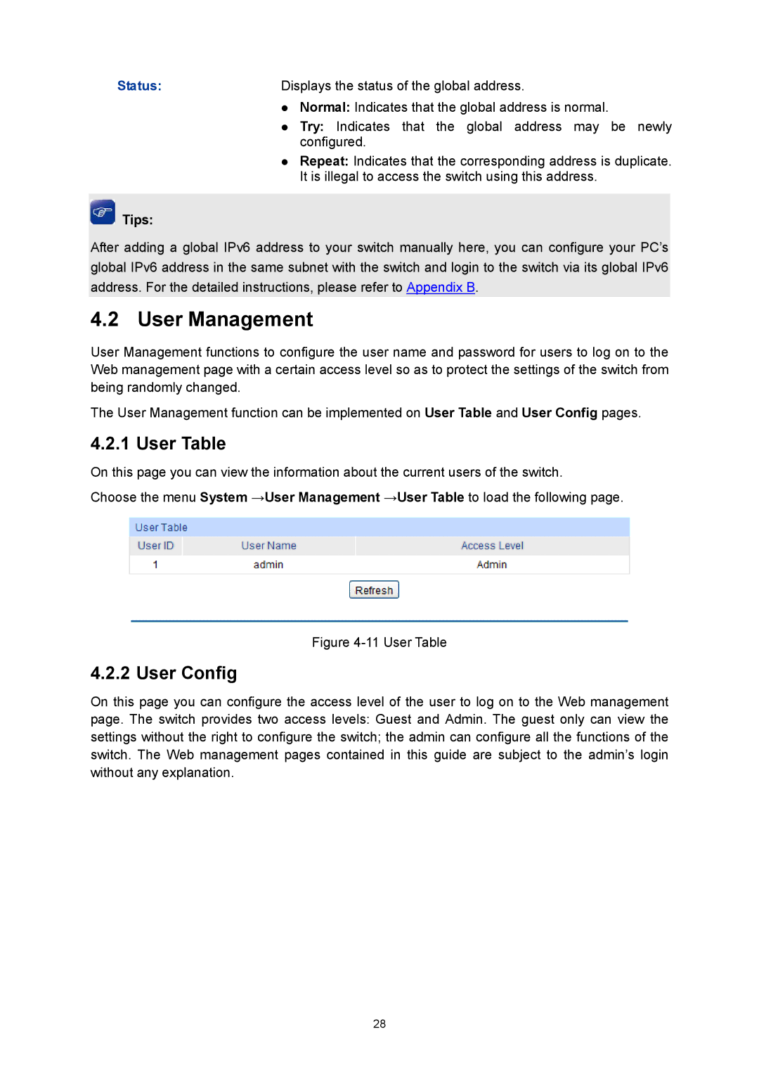 TP-Link TL-SG3424P manual User Management, User Table, User Config 