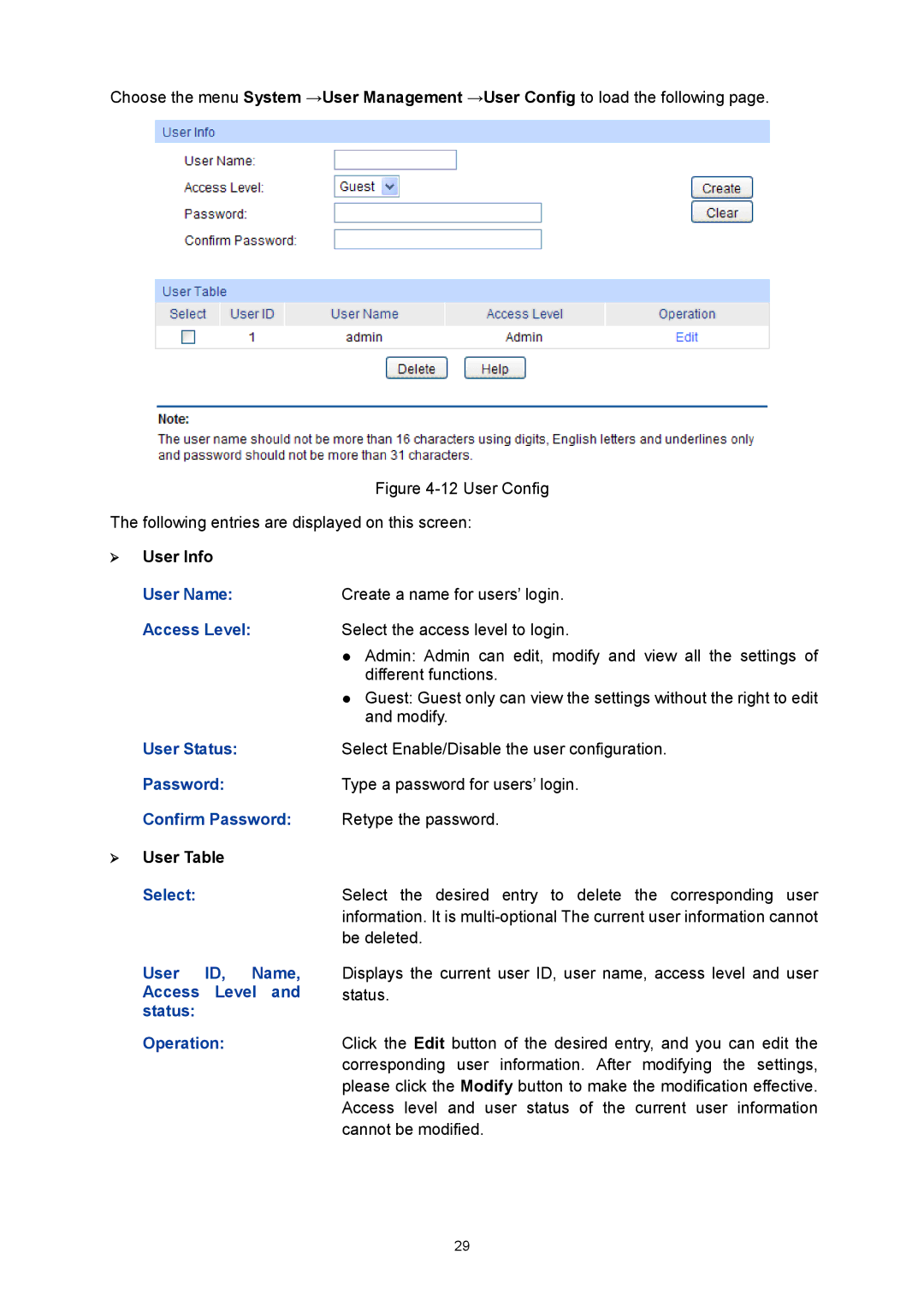 TP-Link TL-SG3424P manual  User Info, User Status,  User Table, User ID, Name, Access Level and status Operation 