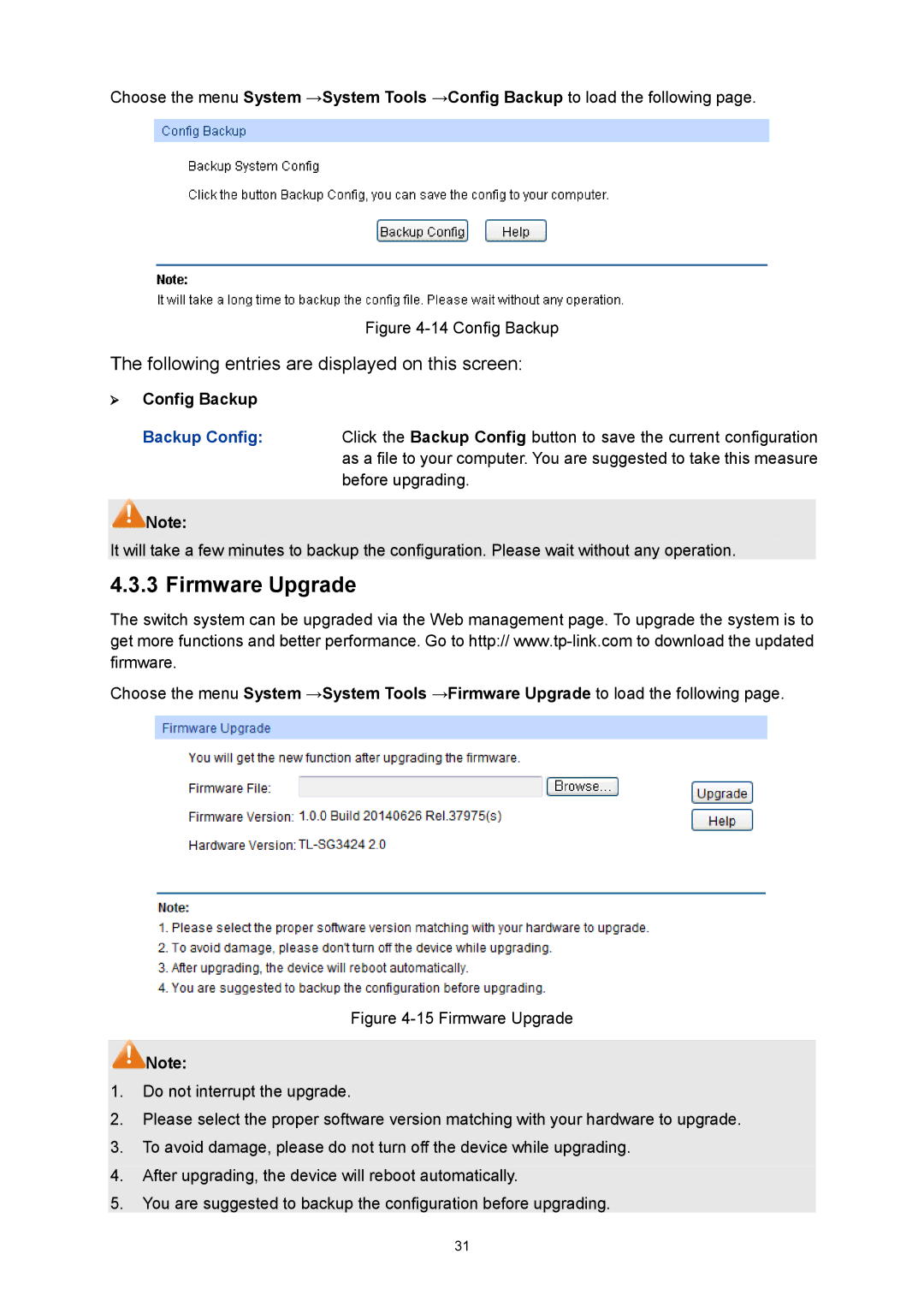 TP-Link TL-SG3424P manual Firmware Upgrade,  Config Backup 