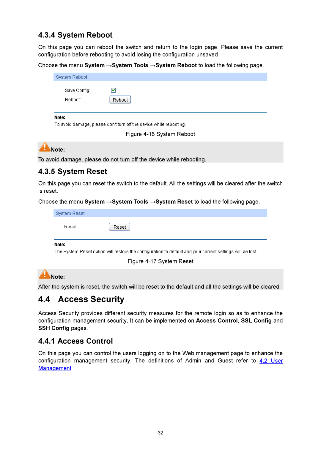 TP-Link TL-SG3424P manual Access Security, System Reboot, System Reset, Access Control 