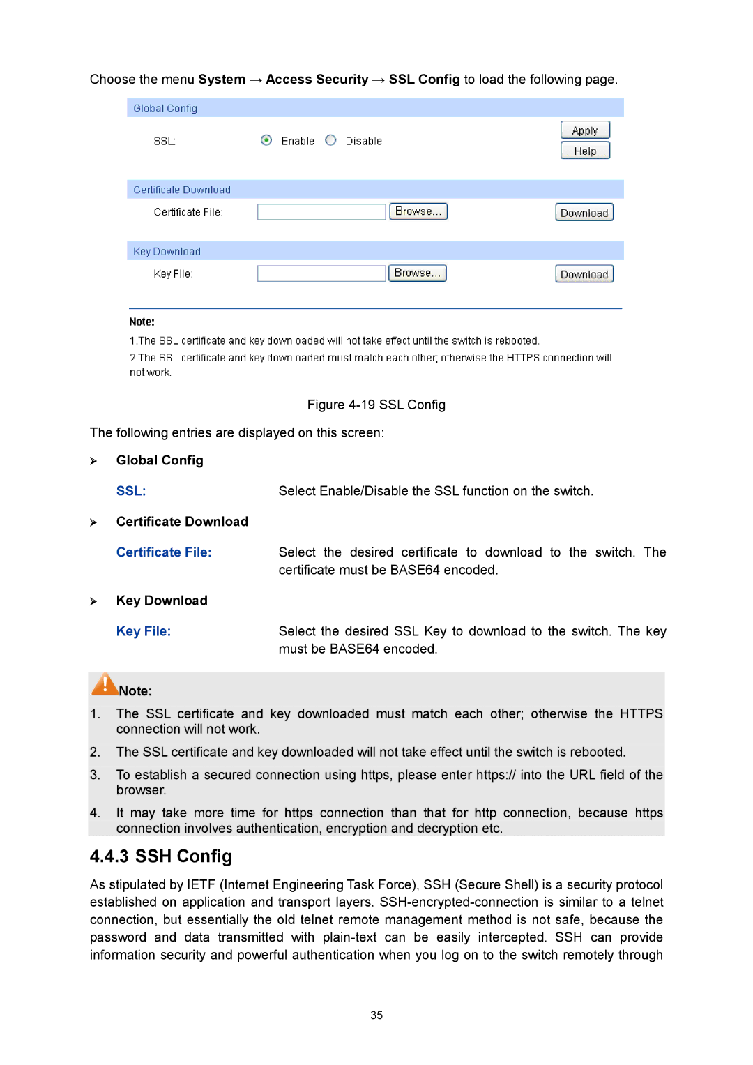 TP-Link TL-SG3424P manual SSH Config,  Certificate Download,  Key Download, Key File 