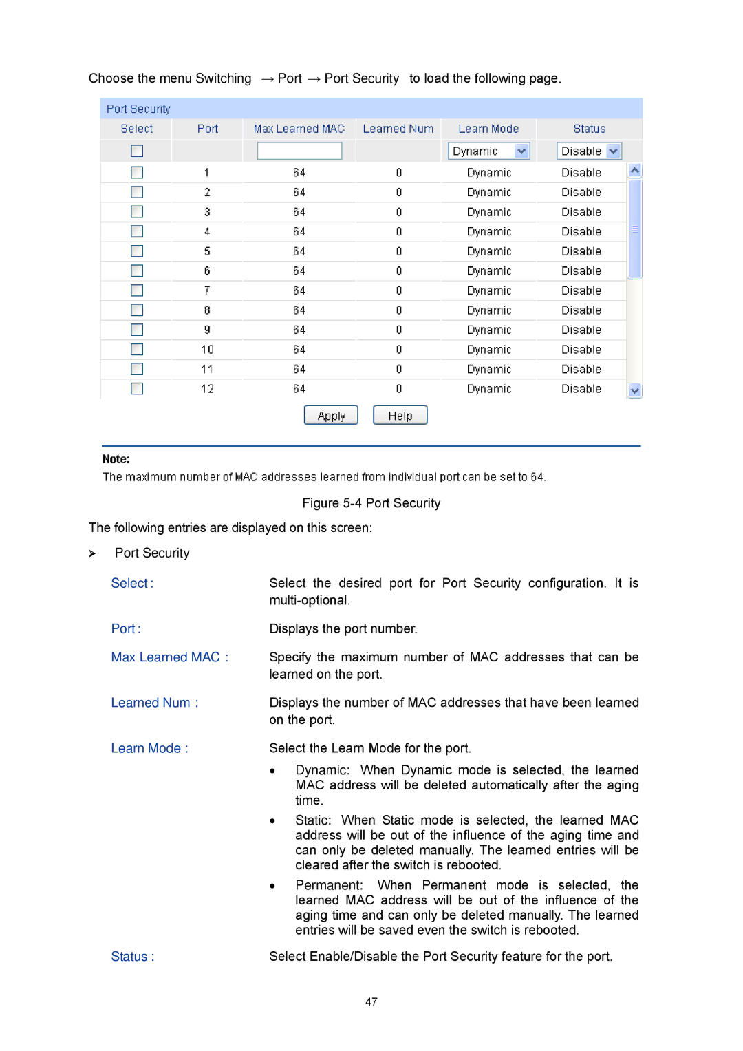 TP-Link TL-SG3424P manual  Port Security, Max Learned MAC, Learned Num, Learn Mode 