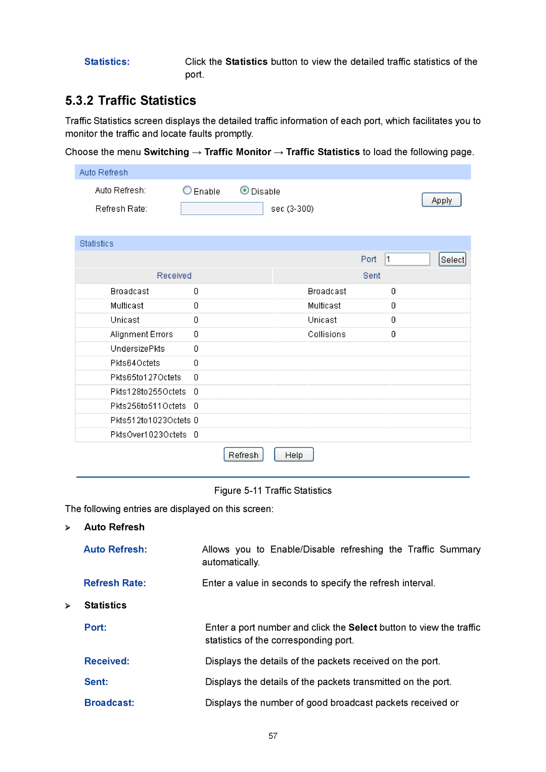 TP-Link TL-SG3424P manual Traffic Statistics,  Statistics Port, Statistics of the corresponding port 