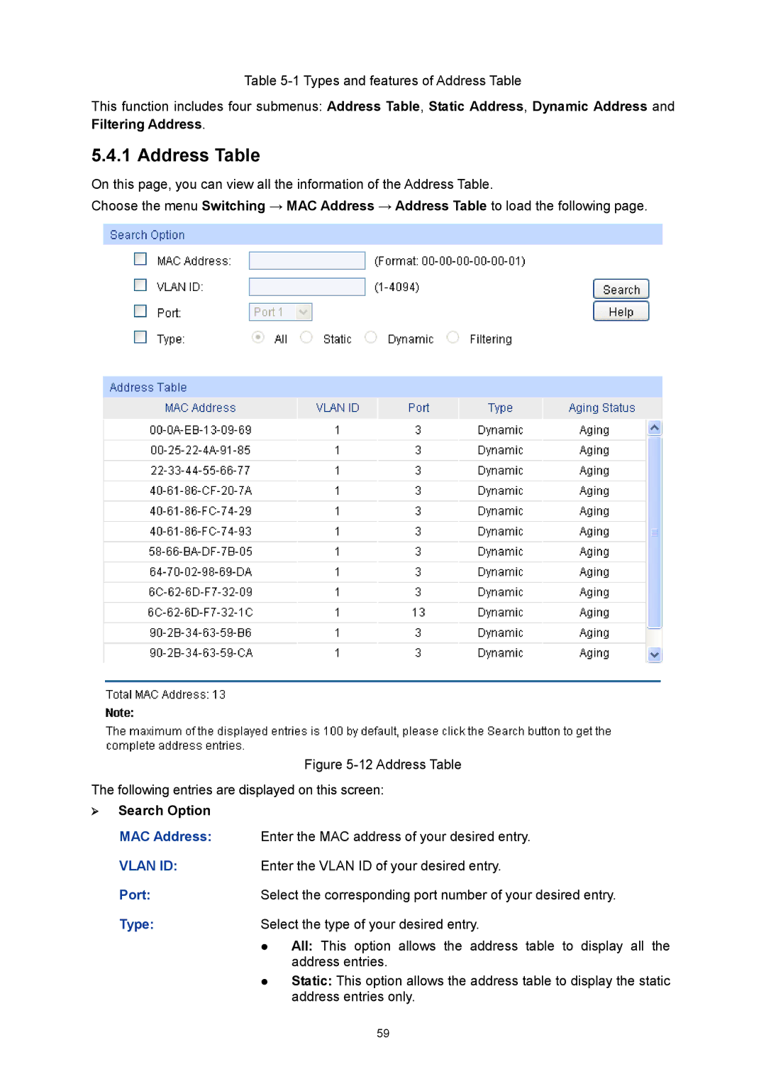 TP-Link TL-SG3424P manual Address Table,  Search Option 