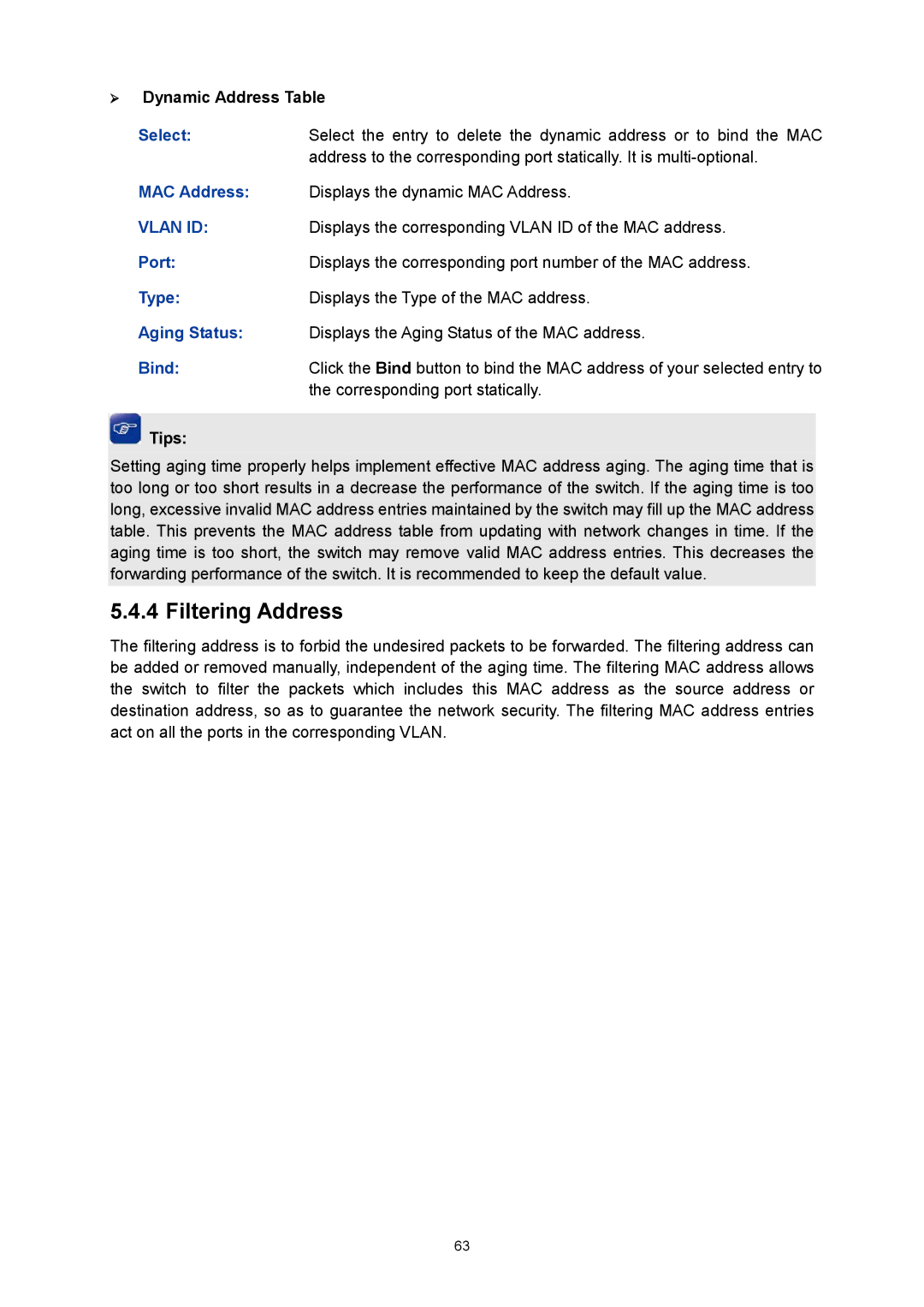 TP-Link TL-SG3424P manual Filtering Address,  Dynamic Address Table, Bind 