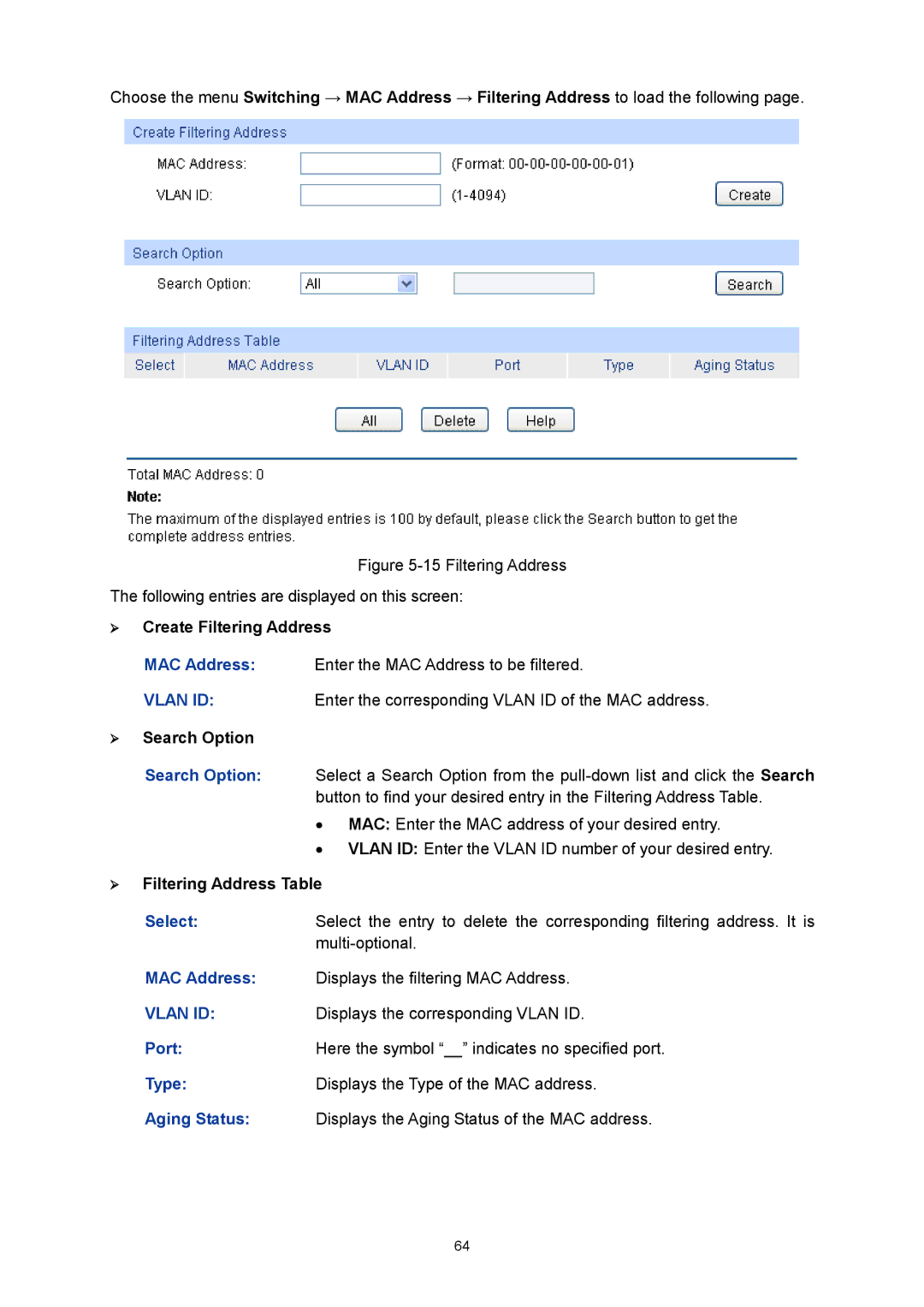 TP-Link TL-SG3424P manual  Create Filtering Address,  Filtering Address Table 