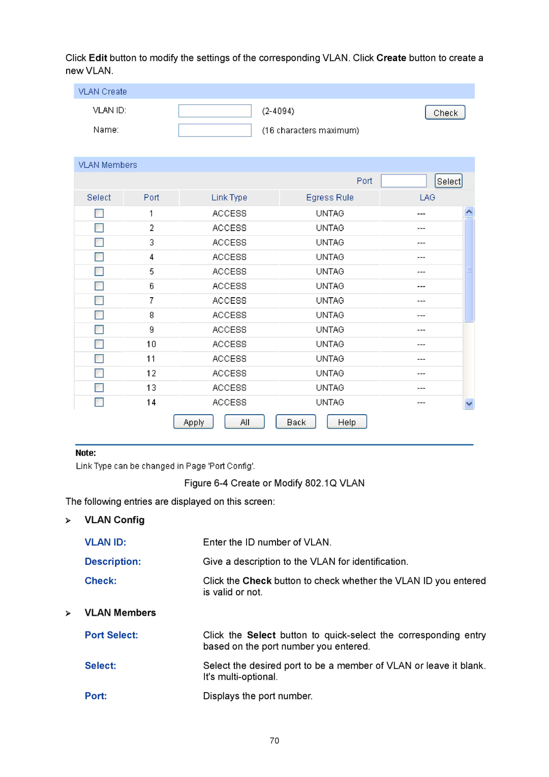 TP-Link TL-SG3424P manual  Vlan Config, Enter the ID number of Vlan, Is valid or not,  Vlan Members 