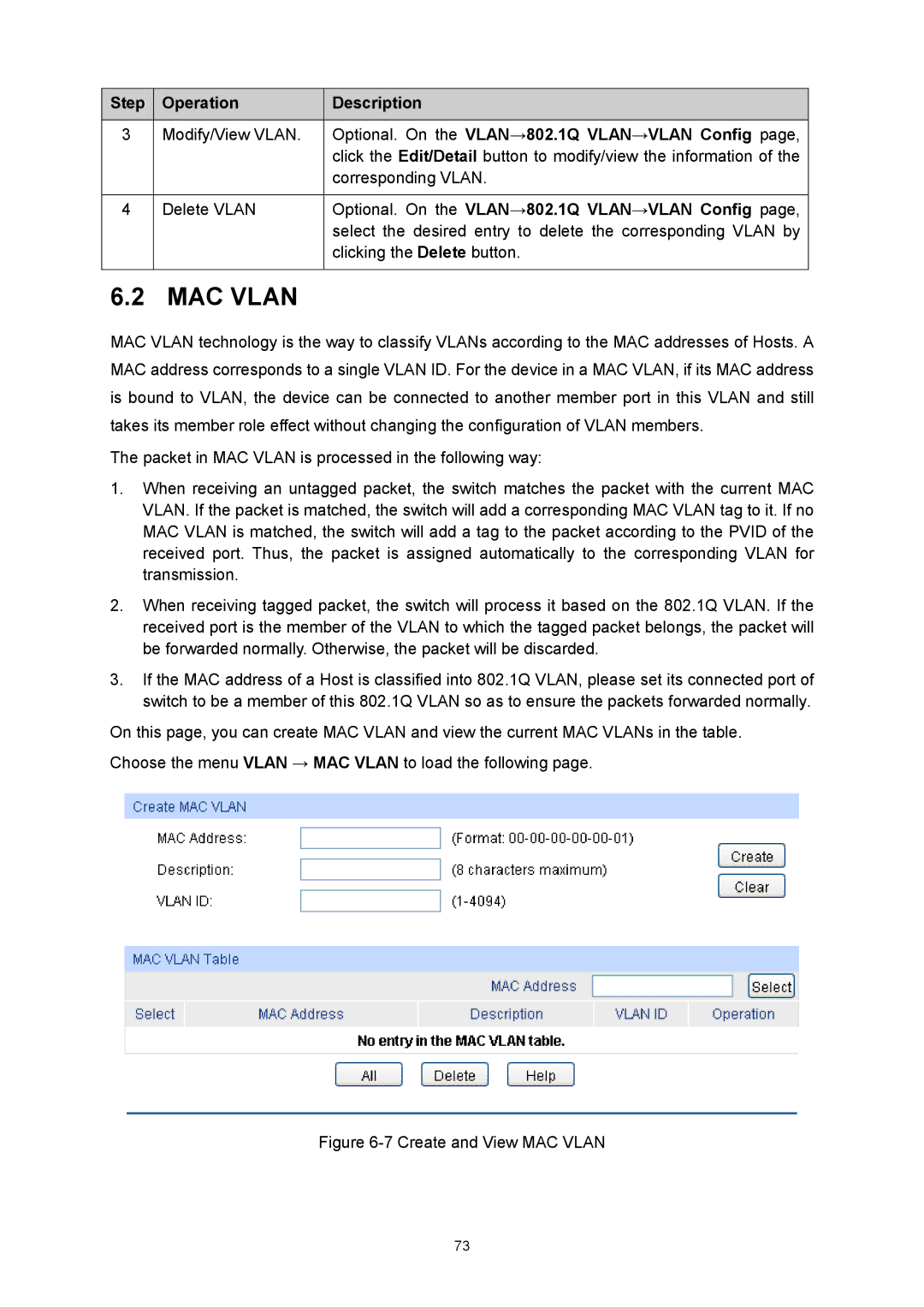 TP-Link TL-SG3424P manual MAC Vlan, Optional. On the VLAN→802.1Q VLAN→VLAN Config 