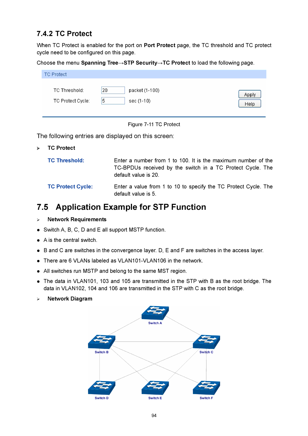 TP-Link TL-SG3424P manual Application Example for STP Function, TC Protect 