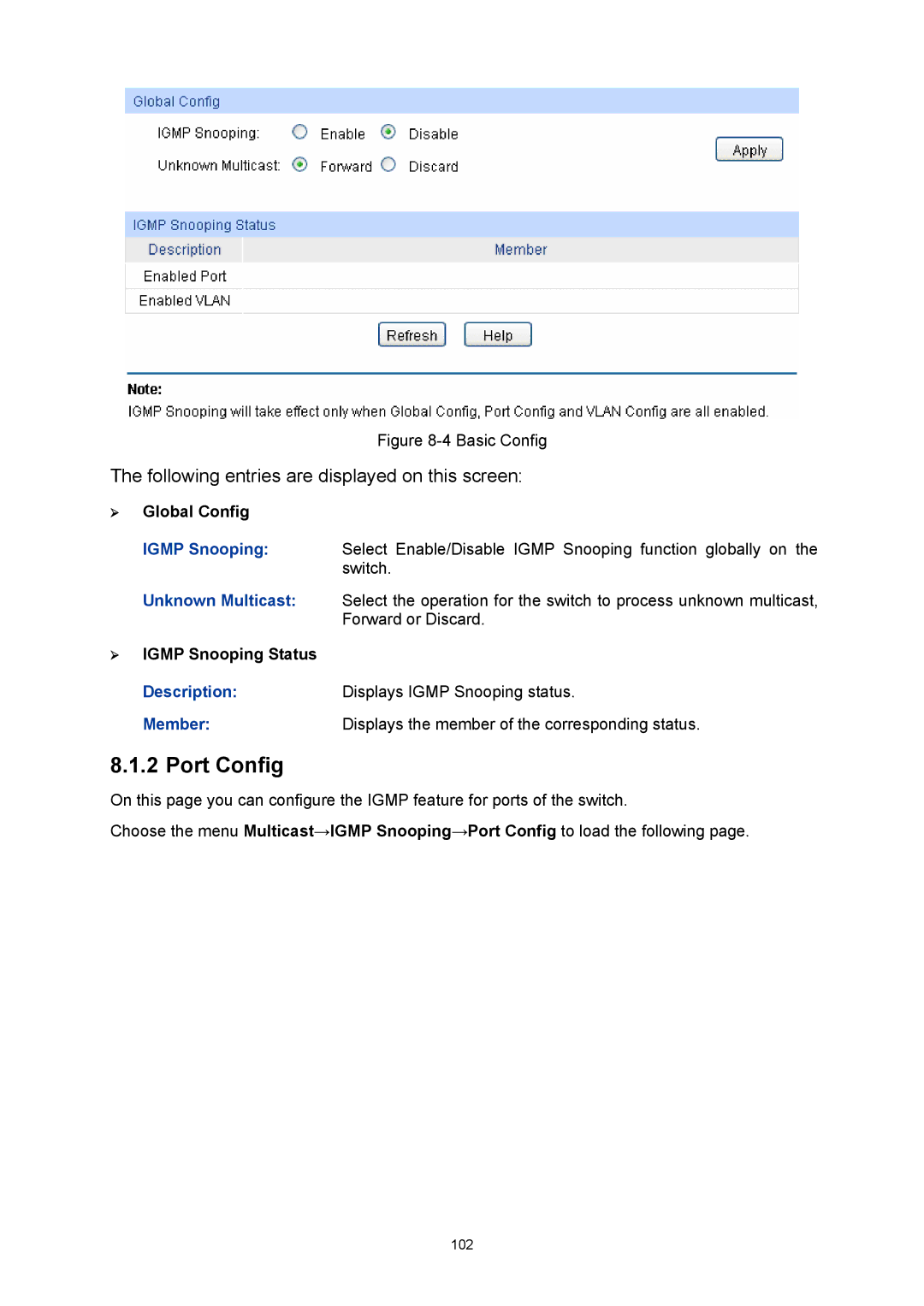 TP-Link TL-SG3424P manual ¾ Igmp Snooping Status, Description Displays Igmp Snooping status Member 