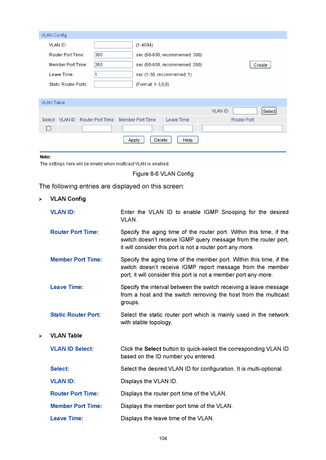 TP-Link TL-SG3424P manual Router Port Time, Member Port Time, Leave Time, Static Router Port, Displays the Vlan ID 