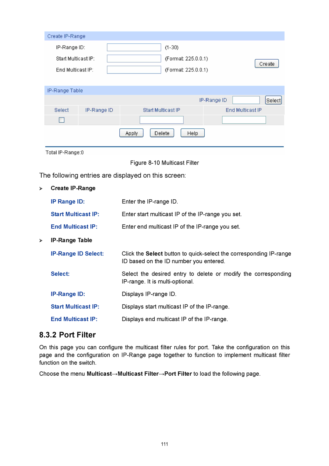 TP-Link TL-SG3424P manual Port Filter, IP Range ID, Start Multicast IP, End Multicast IP, IP-Range ID 