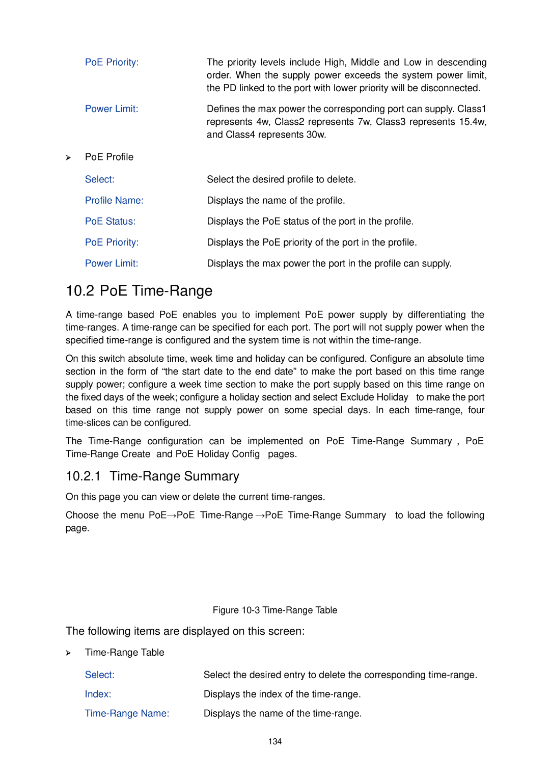 TP-Link TL-SG3424P manual PoE Time-Range, Time-Range Summary, ¾ PoE Profile, Profile Name, ¾ Time-Range Table Select 