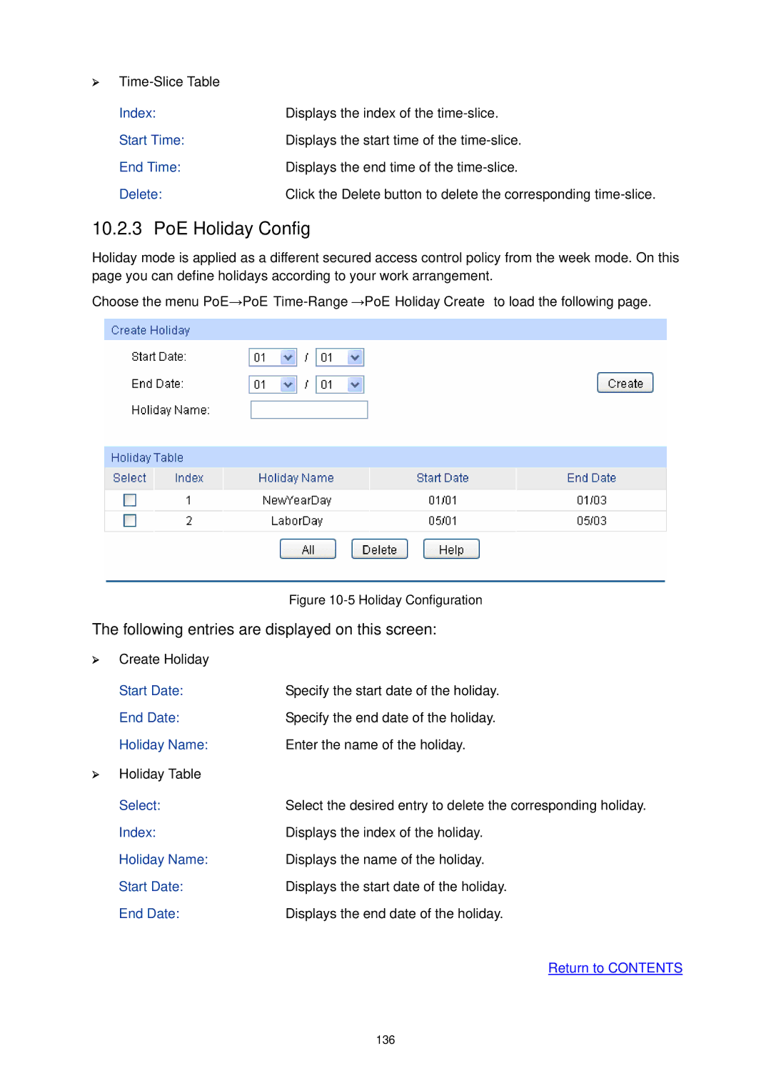 TP-Link TL-SG3424P manual PoE Holiday Config, Index, End Time, Delete 