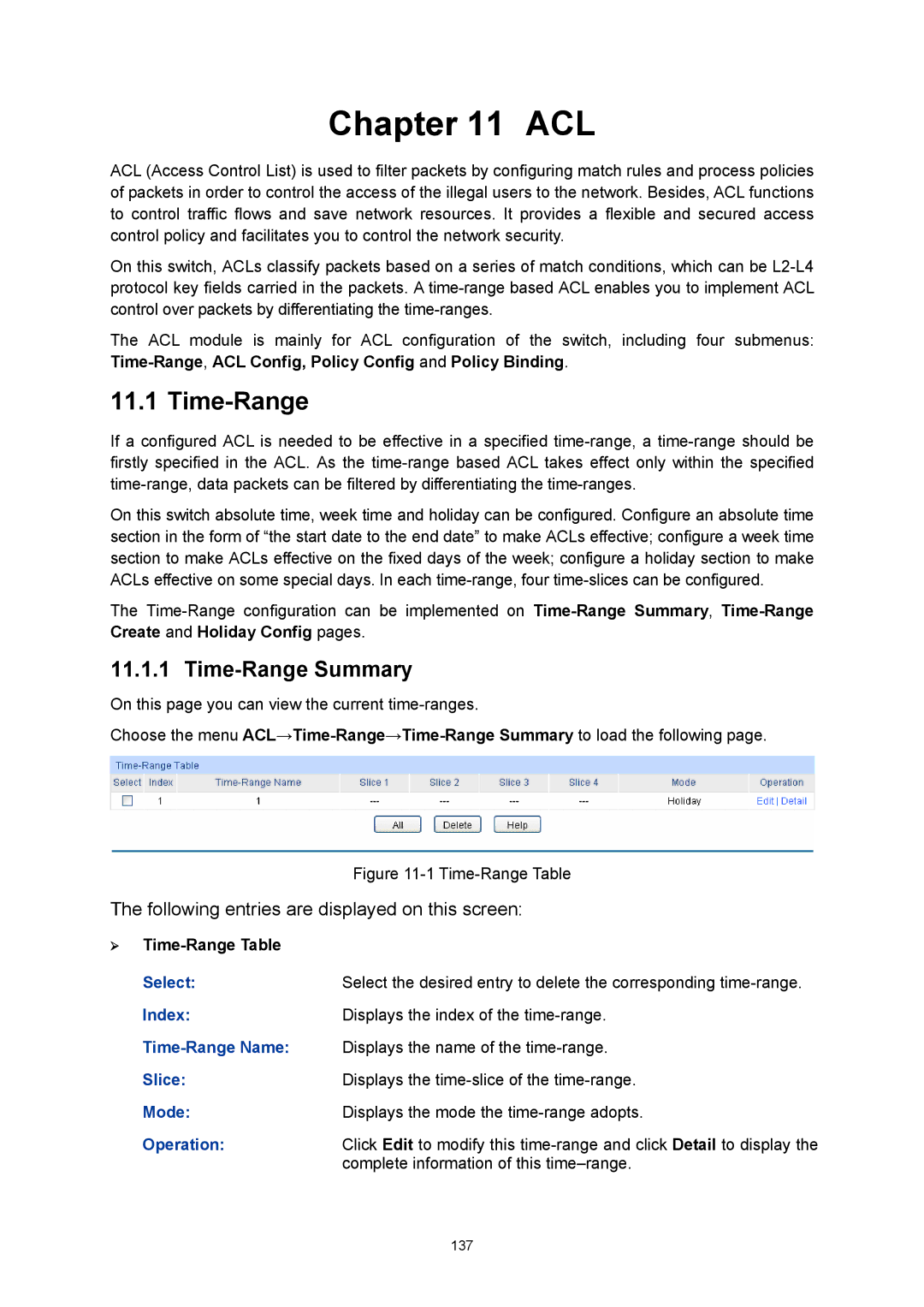 TP-Link TL-SG3424P manual Acl, ¾ Time-Range Table 