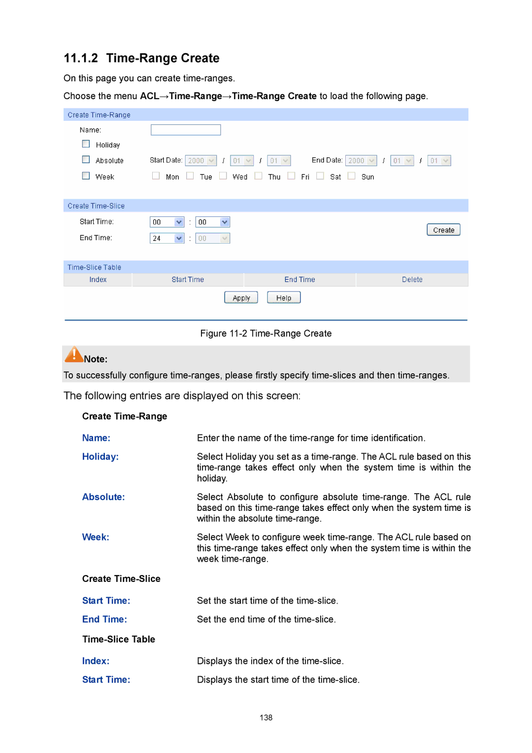 TP-Link TL-SG3424P manual Time-Range Create, Holiday, Index Displays the index of the time-slice Start Time 