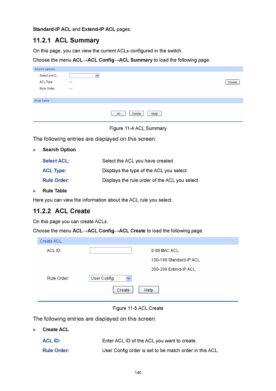 TP-Link TL-SG3424P manual ACL Summary, ACL Create, ¾ Rule Table, ¾ Create ACL, Enter ACL ID of the ACL you want to create 