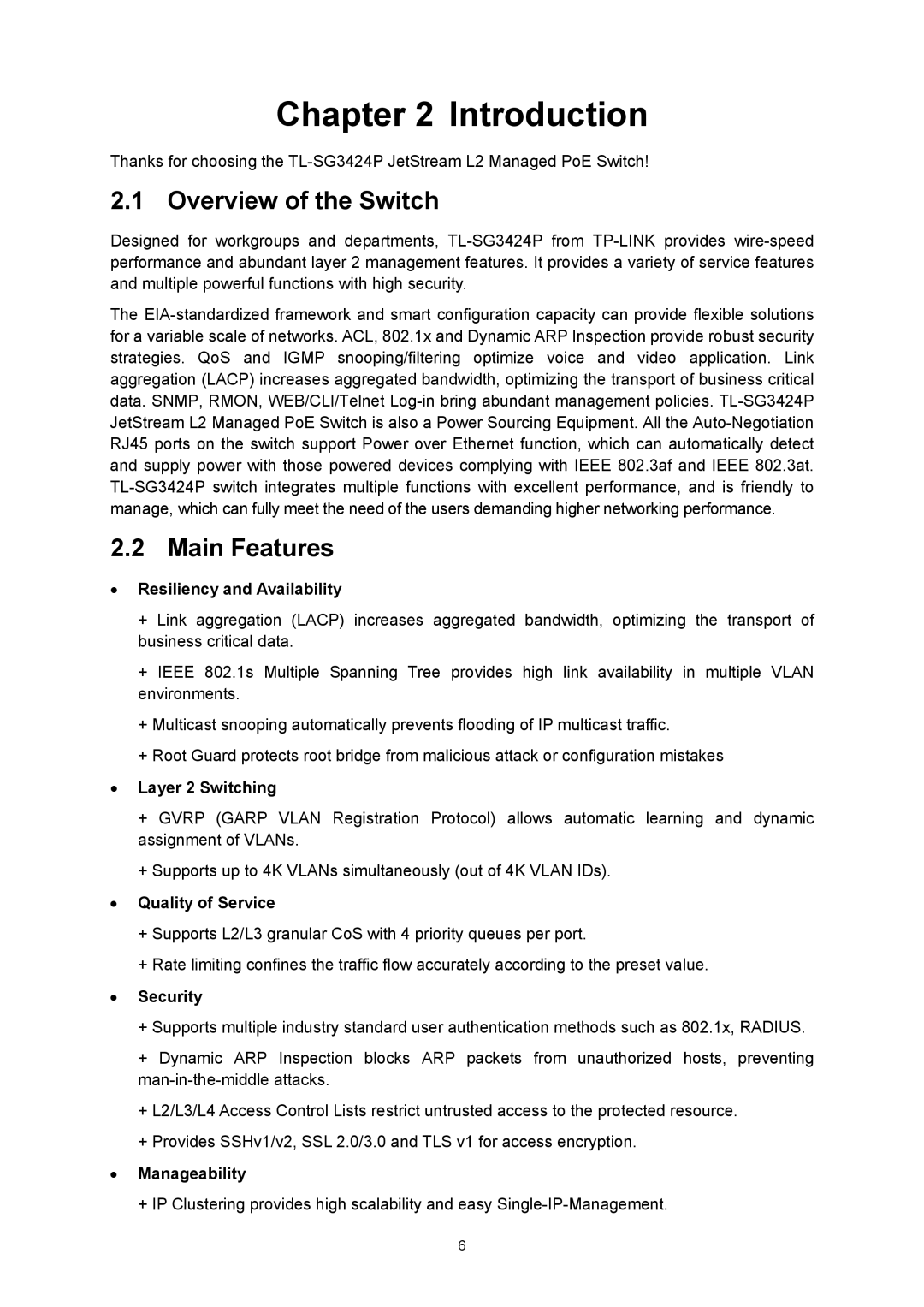 TP-Link TL-SG3424P manual Introduction, Overview of the Switch, Main Features 