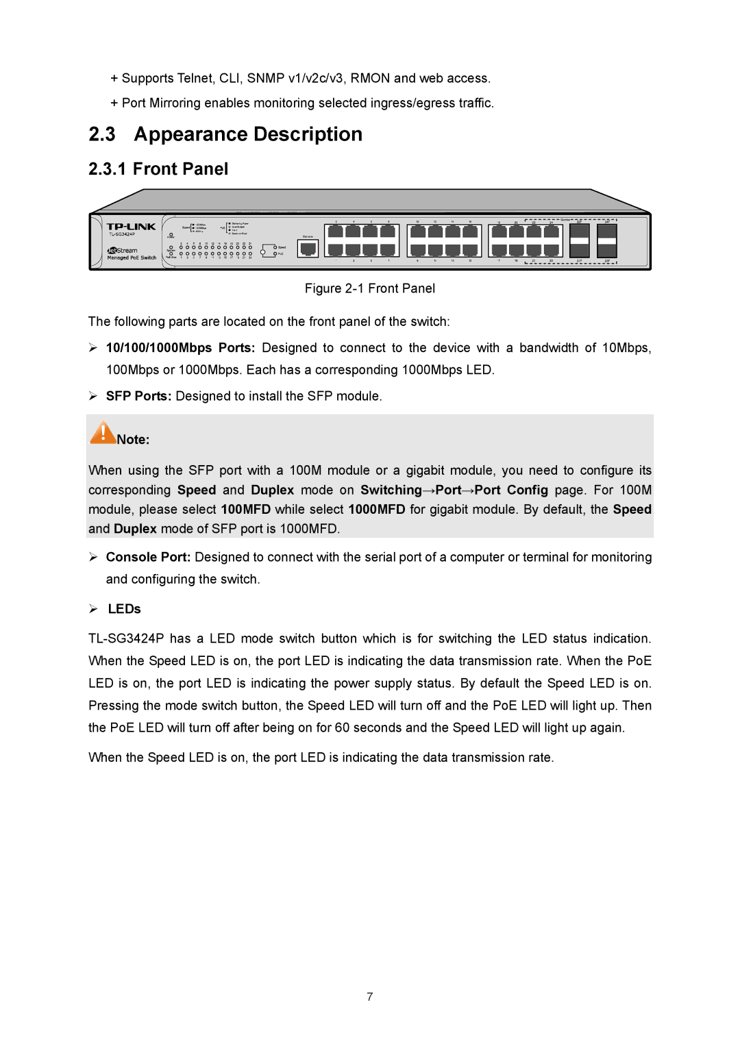 TP-Link TL-SG3424P manual Appearance Description, Front Panel, ¾ LEDs 