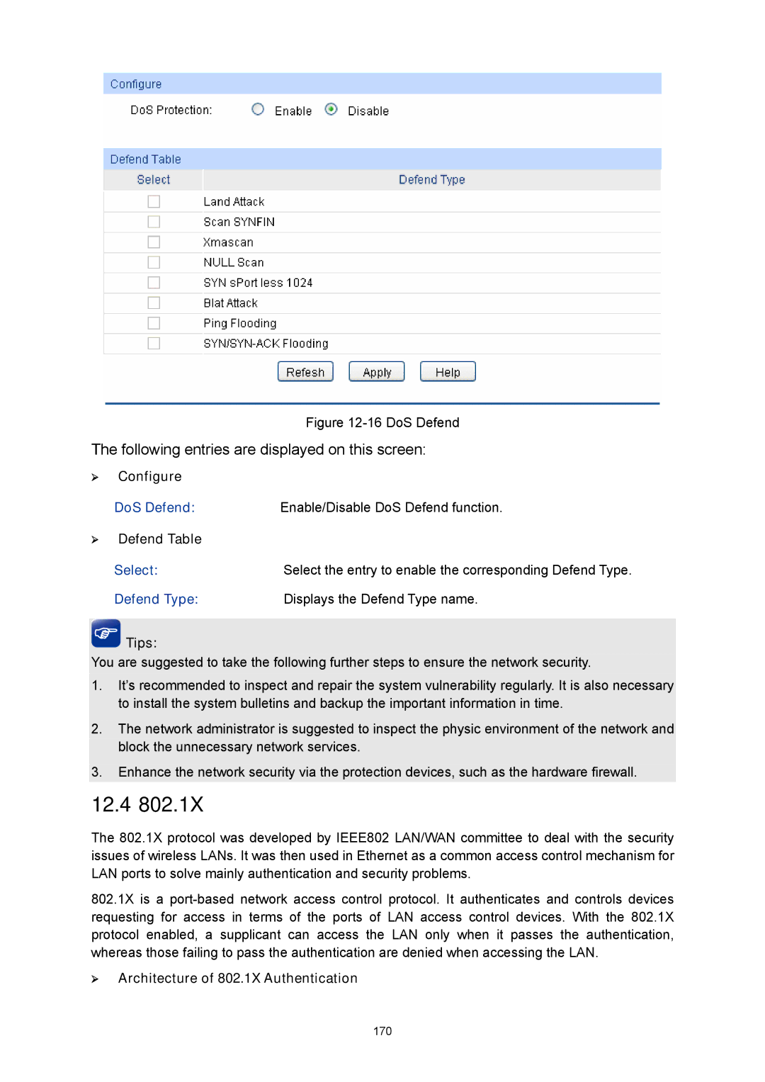 TP-Link TL-SG3424P manual 12.4, ¾ Configure, ¾ Defend Table, Defend Type Displays the Defend Type name 