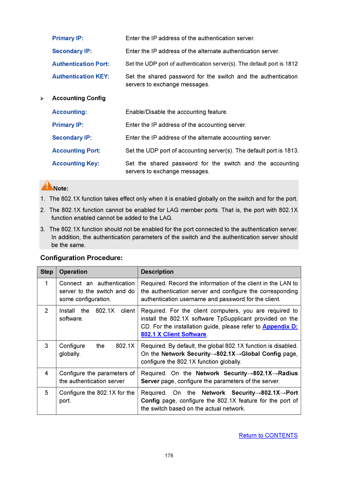 TP-Link TL-SG3424P manual On the Network Security→802.1X→Global Config, Required. On the Network Security→802.1X→Radius 