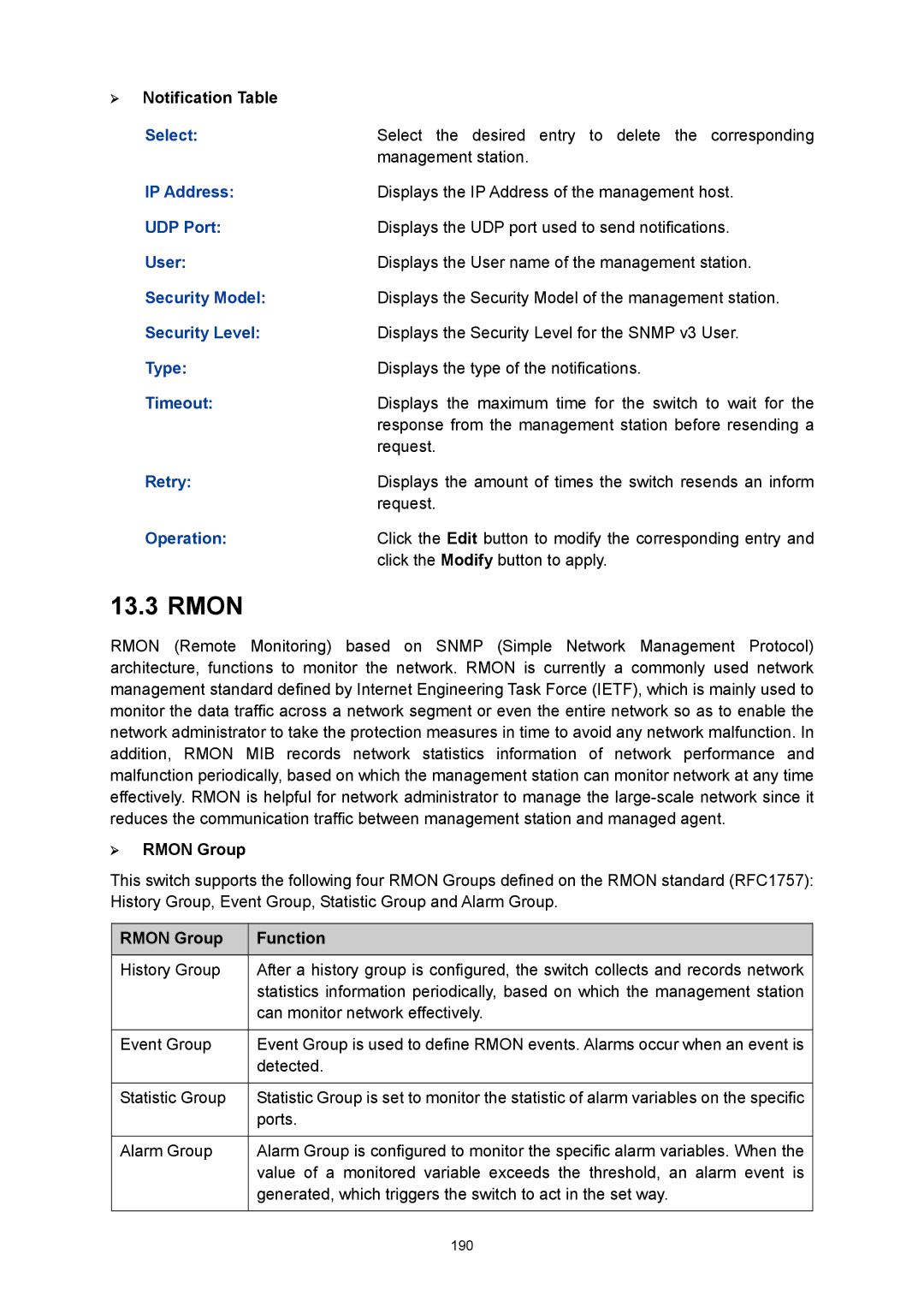 TP-Link TL-SG3424P manual ¾ Notification Table, ¾ Rmon Group, Rmon Group Function 