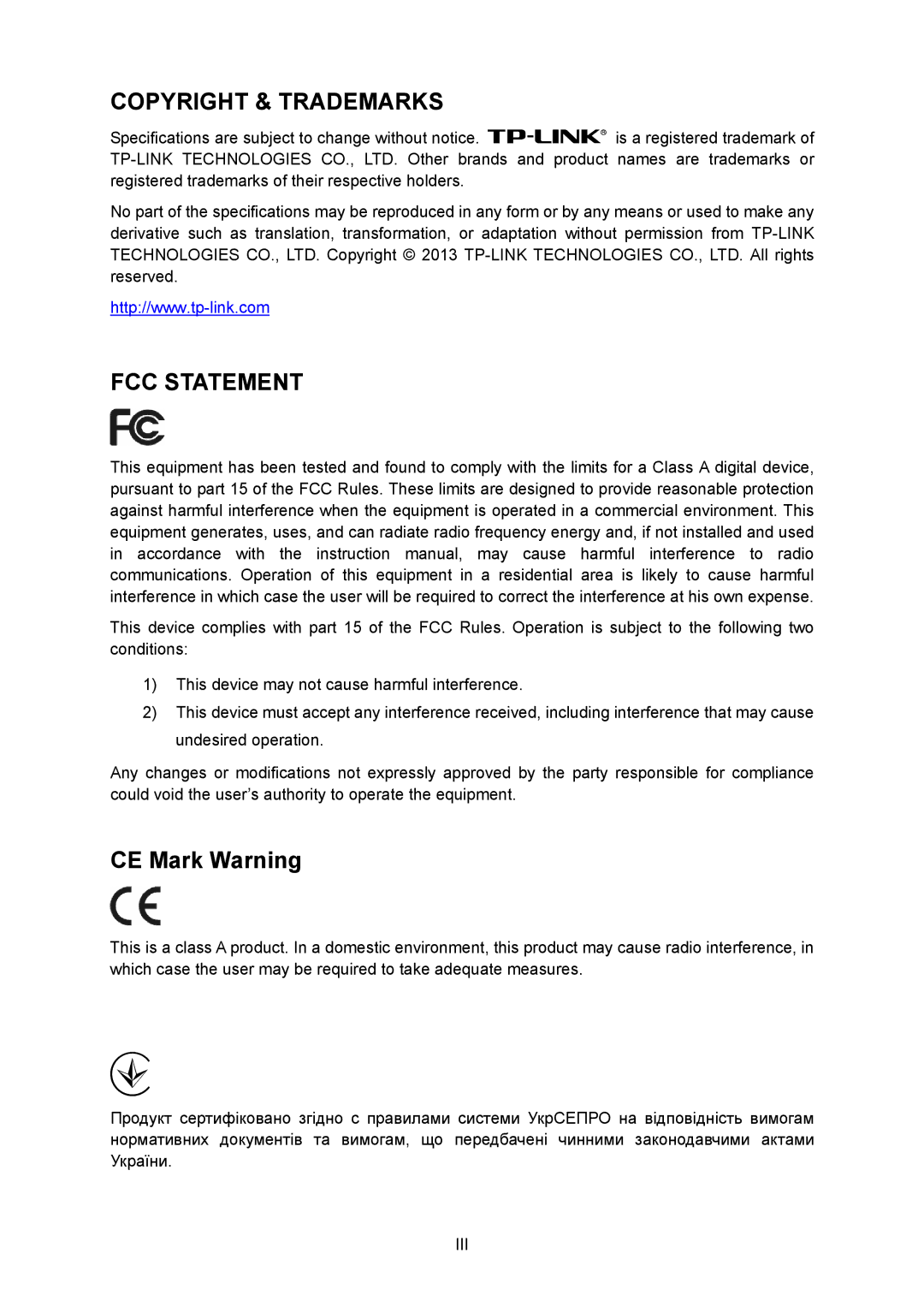 TP-Link TL-SG3424P manual Copyright & Trademarks FCC Statement 