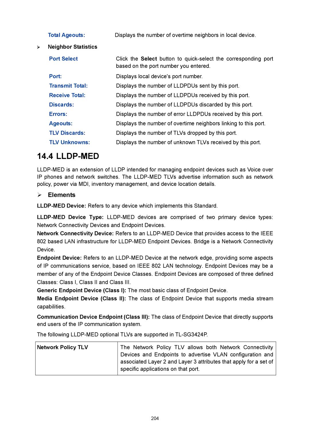 TP-Link TL-SG3424P manual Transmit Total, Receive Total, Errors, Ageouts, TLV Discards, TLV Unknowns 