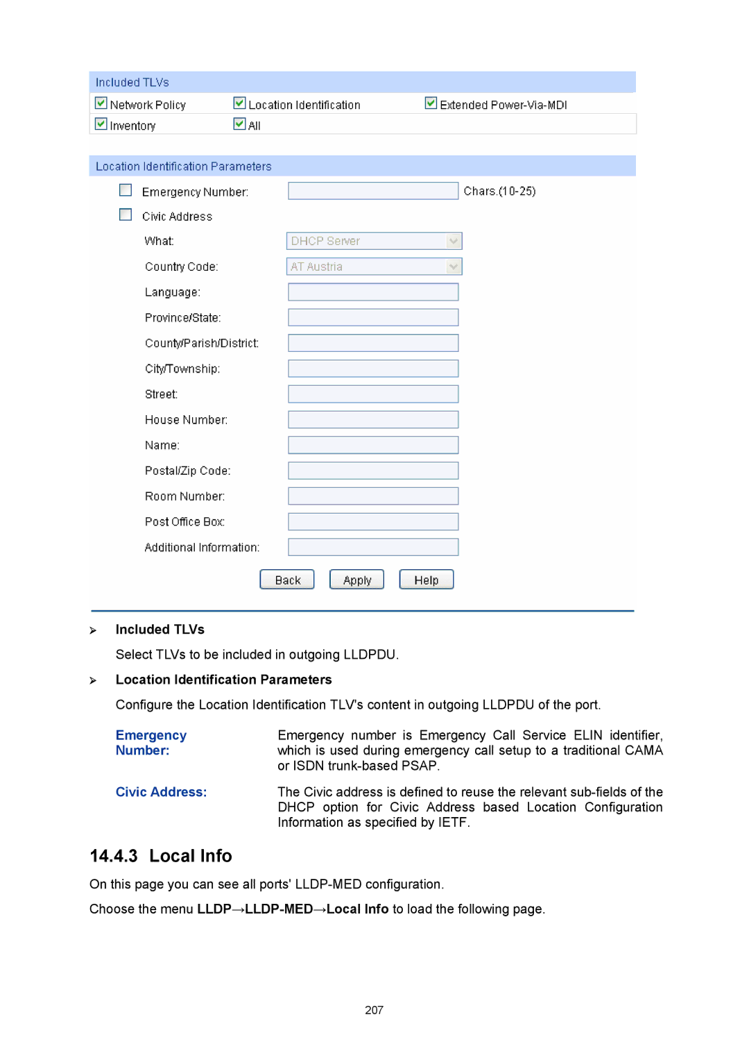 TP-Link TL-SG3424P manual ¾ Included TLVs, ¾ Location Identification Parameters, Emergency, Civic Address 