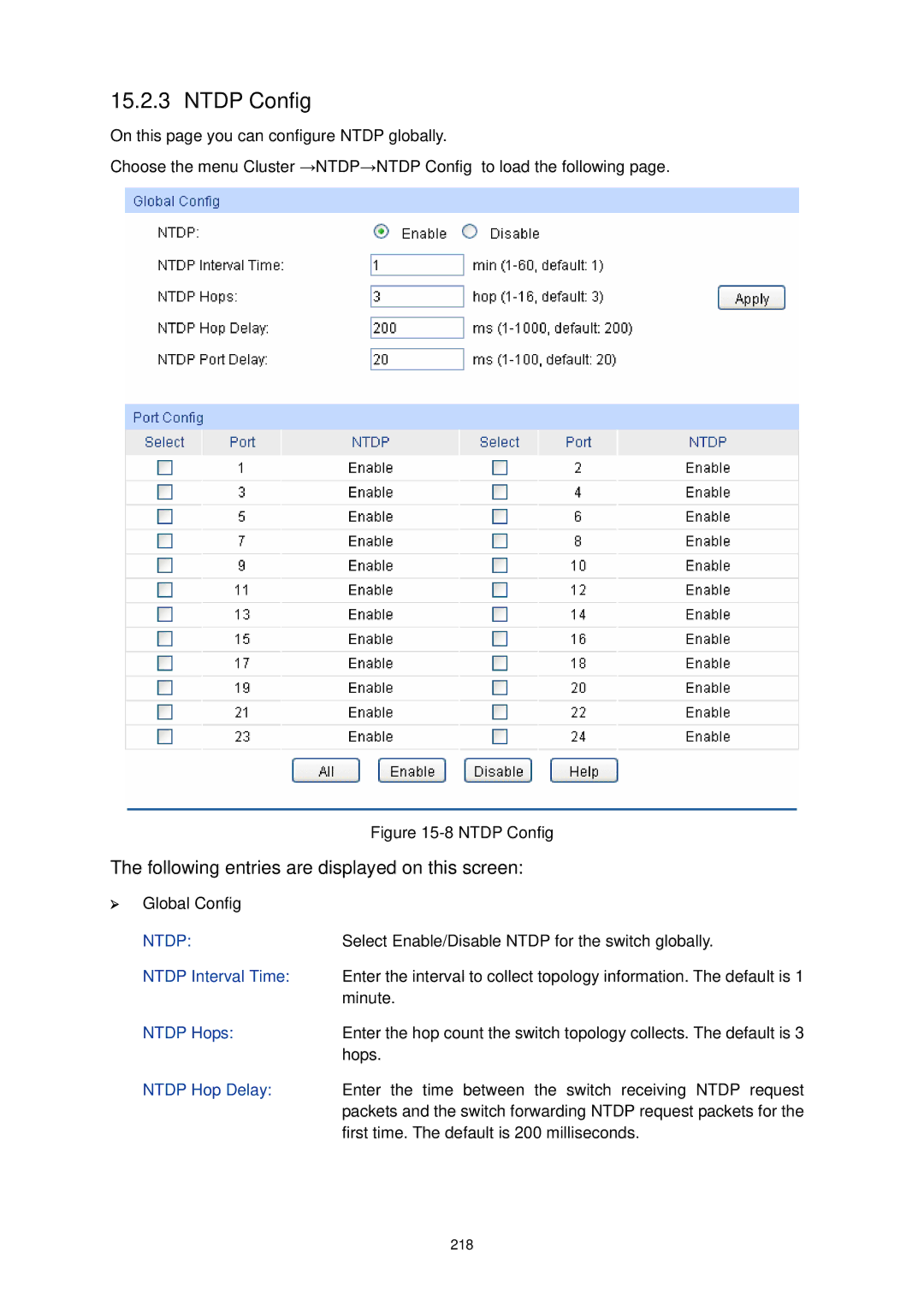 TP-Link TL-SG3424P manual Ntdp Config, Ntdp Interval Time, Ntdp Hops, Ntdp Hop Delay 