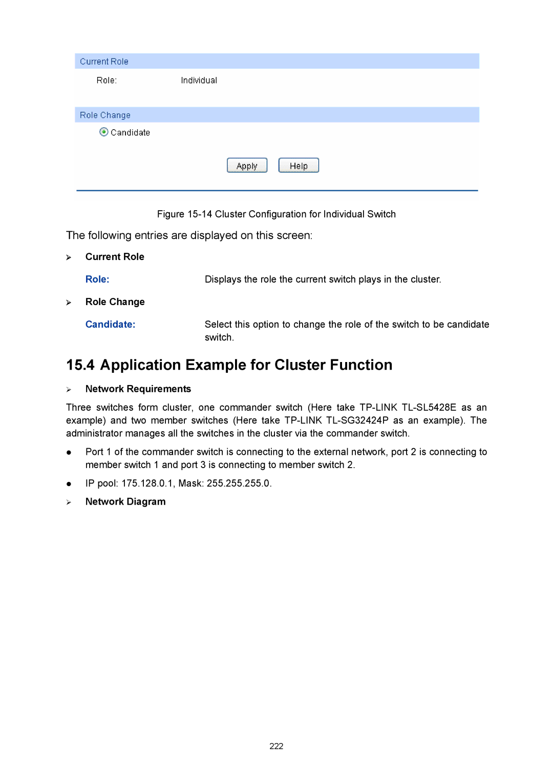 TP-Link TL-SG3424P manual Application Example for Cluster Function, Cluster Configuration for Individual Switch 