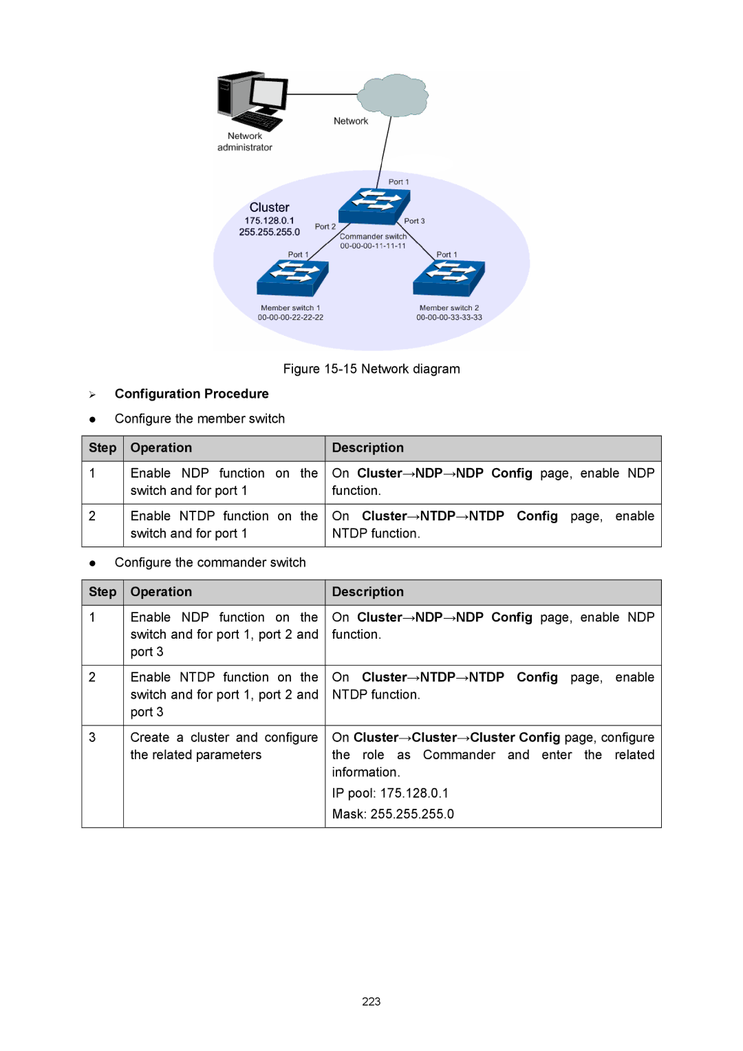 TP-Link TL-SG3424P manual On Cluster→NDP→NDP Config page, enable NDP, On Cluster→NTDP→NTDP Config page, enable 