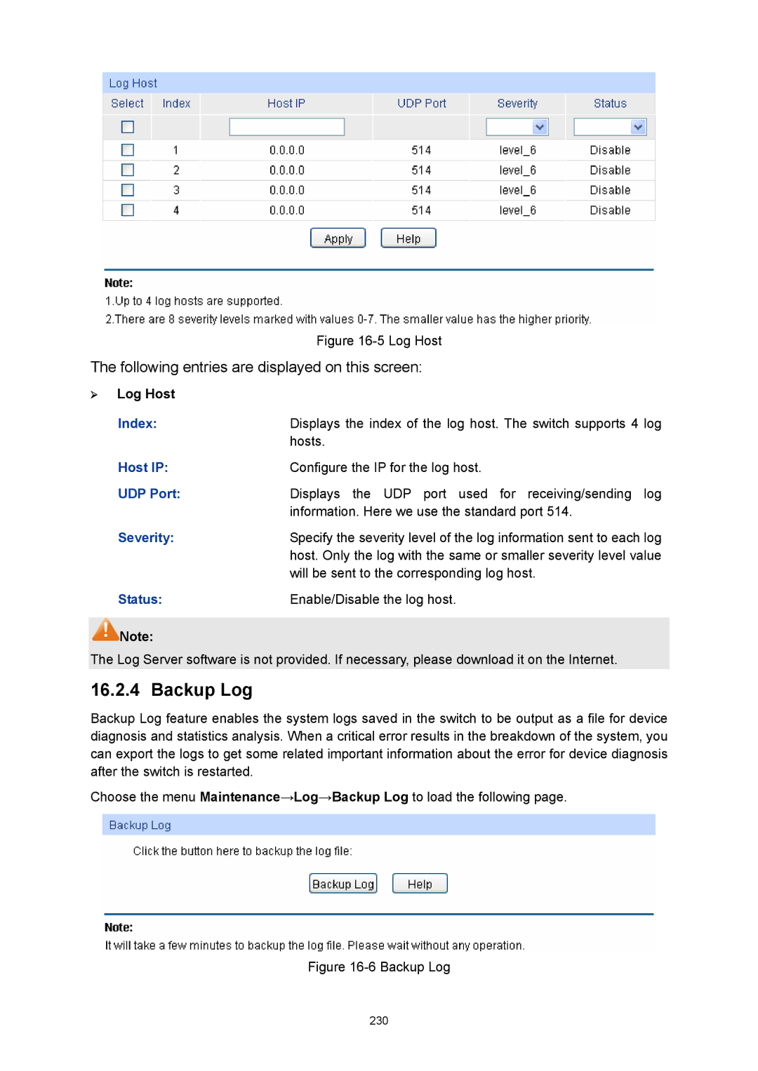 TP-Link TL-SG3424P manual Backup Log, ¾ Log Host, Host IP 