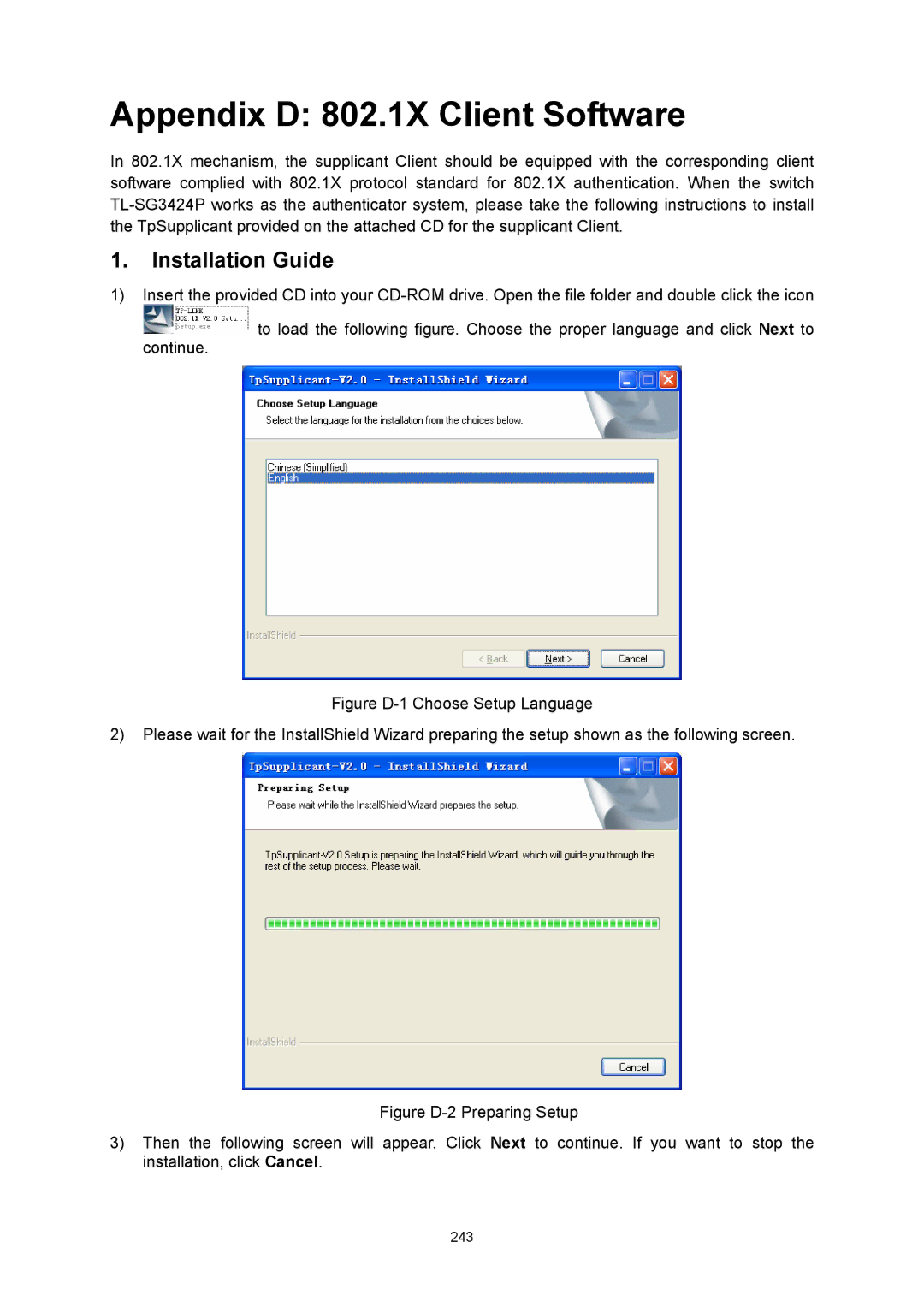 TP-Link TL-SG3424P manual Appendix D 802.1X Client Software, Installation Guide 