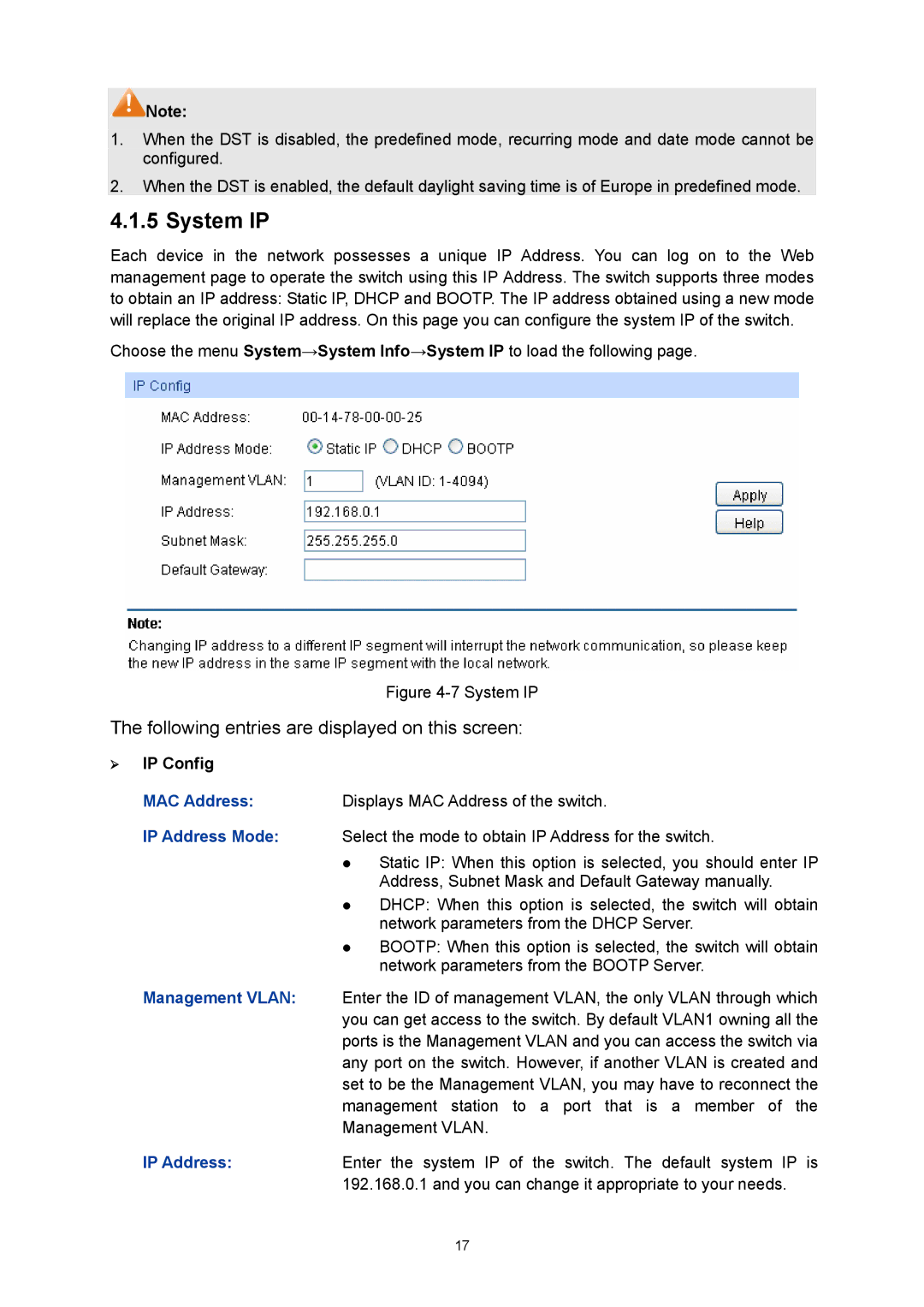 TP-Link TL-SG3424P manual System IP, ¾ IP Config 