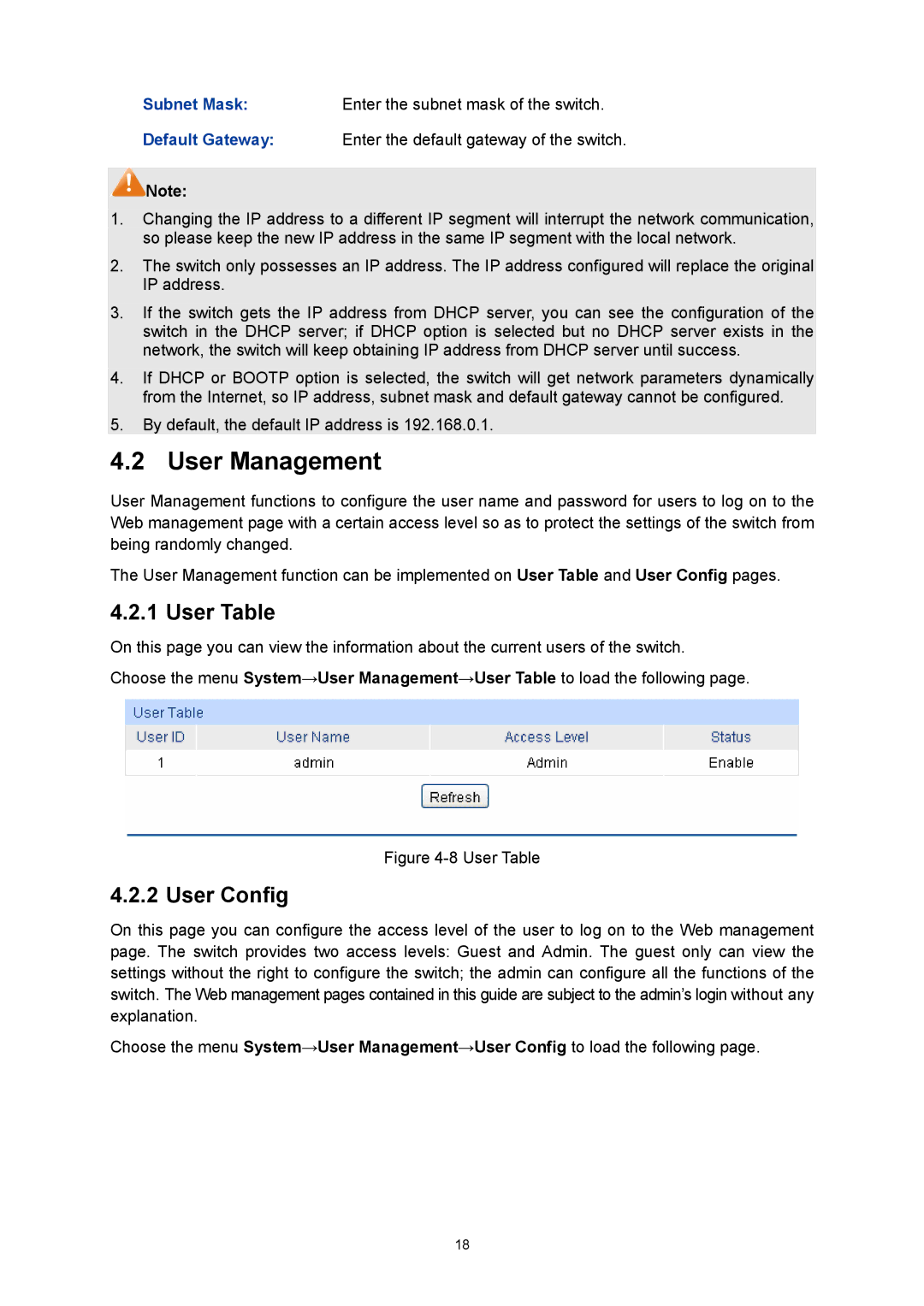 TP-Link TL-SG3424P manual User Management, User Table, User Config 