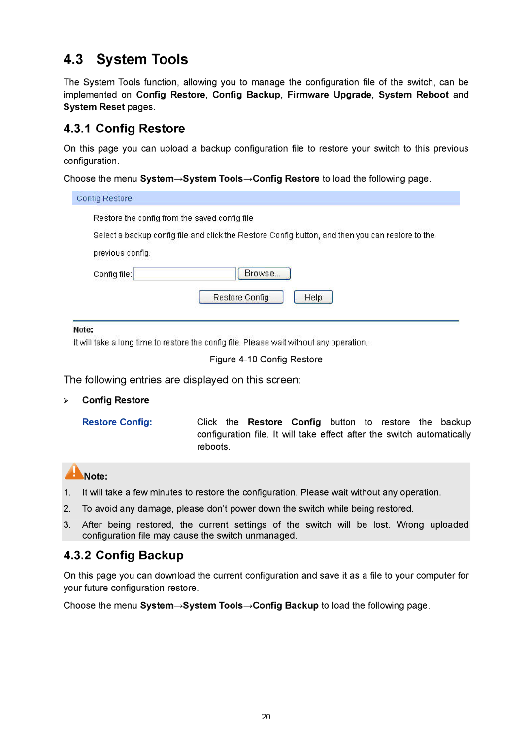 TP-Link TL-SG3424P manual System Tools, Config Backup, ¾ Config Restore 