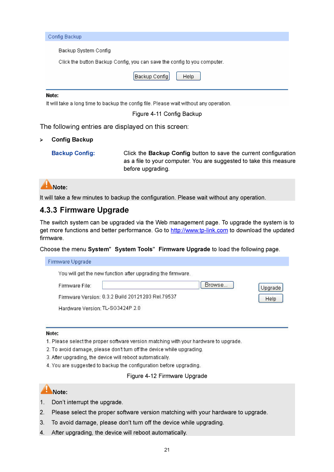 TP-Link TL-SG3424P manual Firmware Upgrade, ¾ Config Backup 