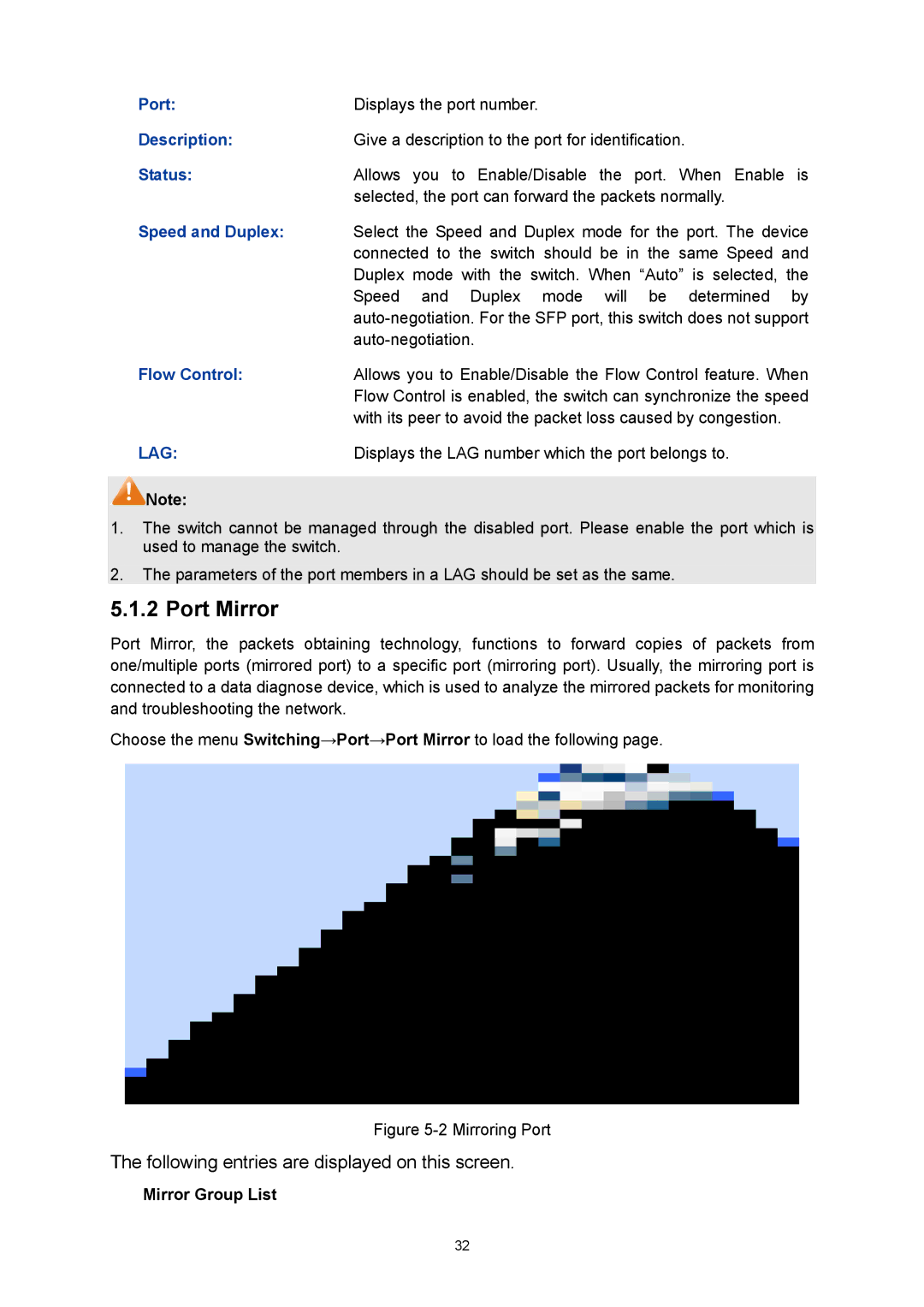 TP-Link TL-SG3424P manual Port Mirror, Description, Speed and Duplex, Flow Control, ¾ Mirror Group List 