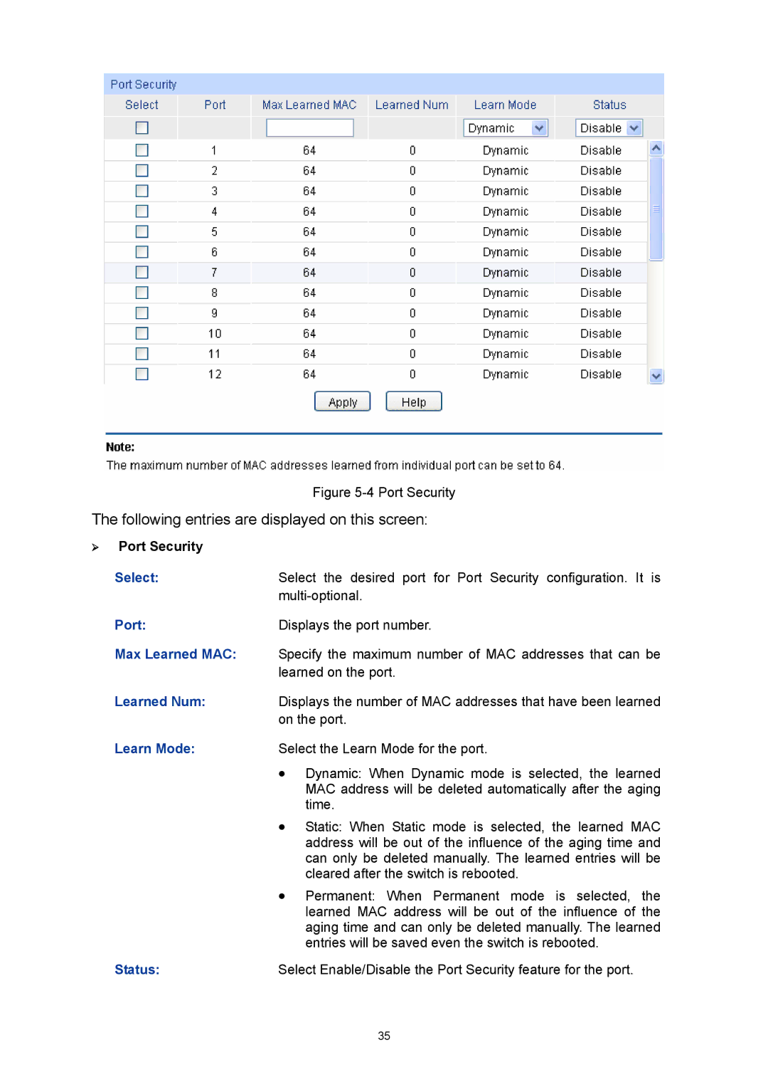 TP-Link TL-SG3424P manual ¾ Port Security, Max Learned MAC, Learned Num 