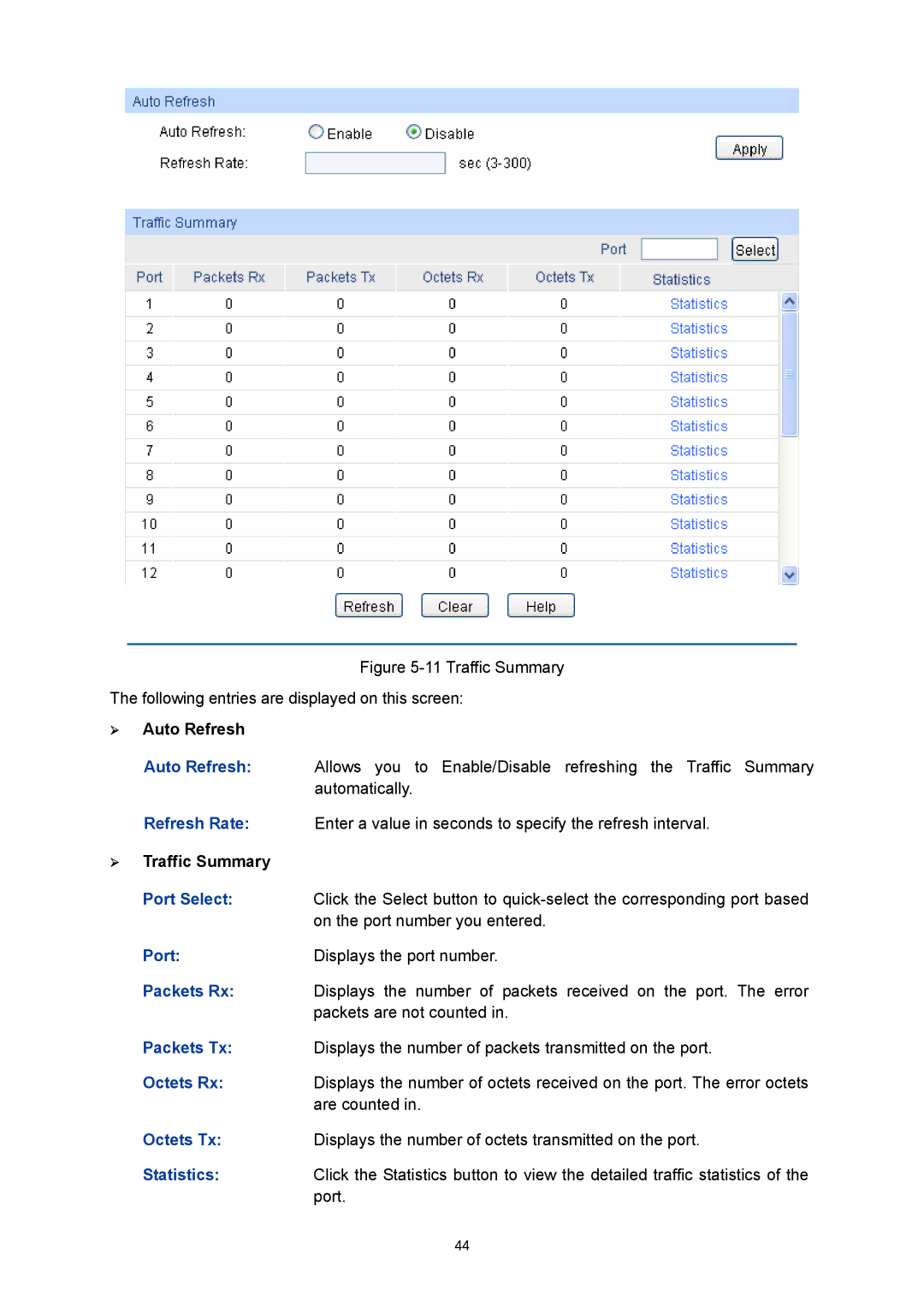 TP-Link TL-SG3424P manual Packets Rx, Packets Tx, Octets Rx, Octets Tx, Statistics 