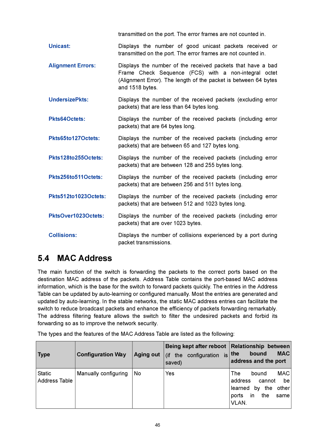 TP-Link TL-SG3424P manual MAC Address, Type Configuration Way Aging out, Bound, Address and the port 