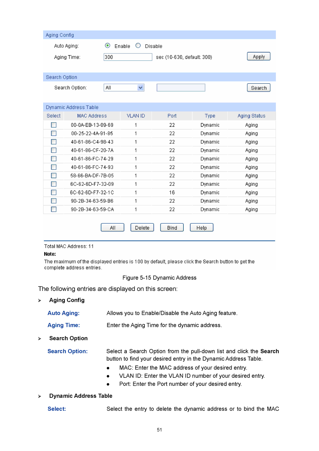 TP-Link TL-SG3424P manual ¾ Aging Config, ¾ Dynamic Address Table 