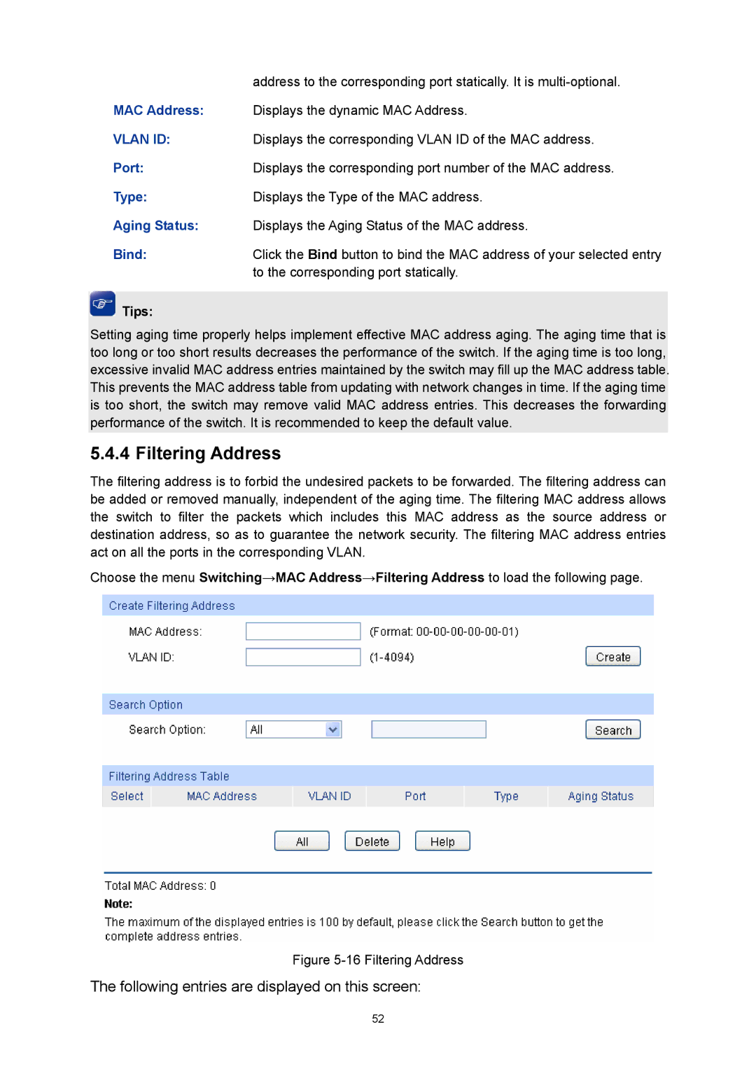 TP-Link TL-SG3424P manual Filtering Address, Bind 