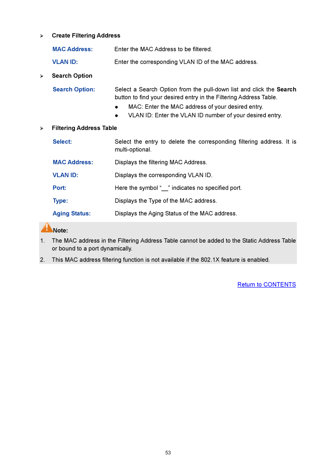 TP-Link TL-SG3424P manual ¾ Create Filtering Address, ¾ Filtering Address Table 