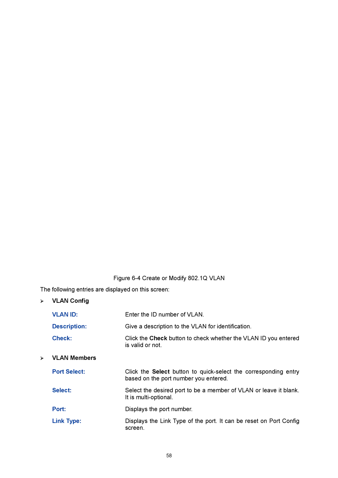 TP-Link TL-SG3424P manual ¾ Vlan Config, Enter the ID number of Vlan, Is valid or not, ¾ Vlan Members, Link Type 