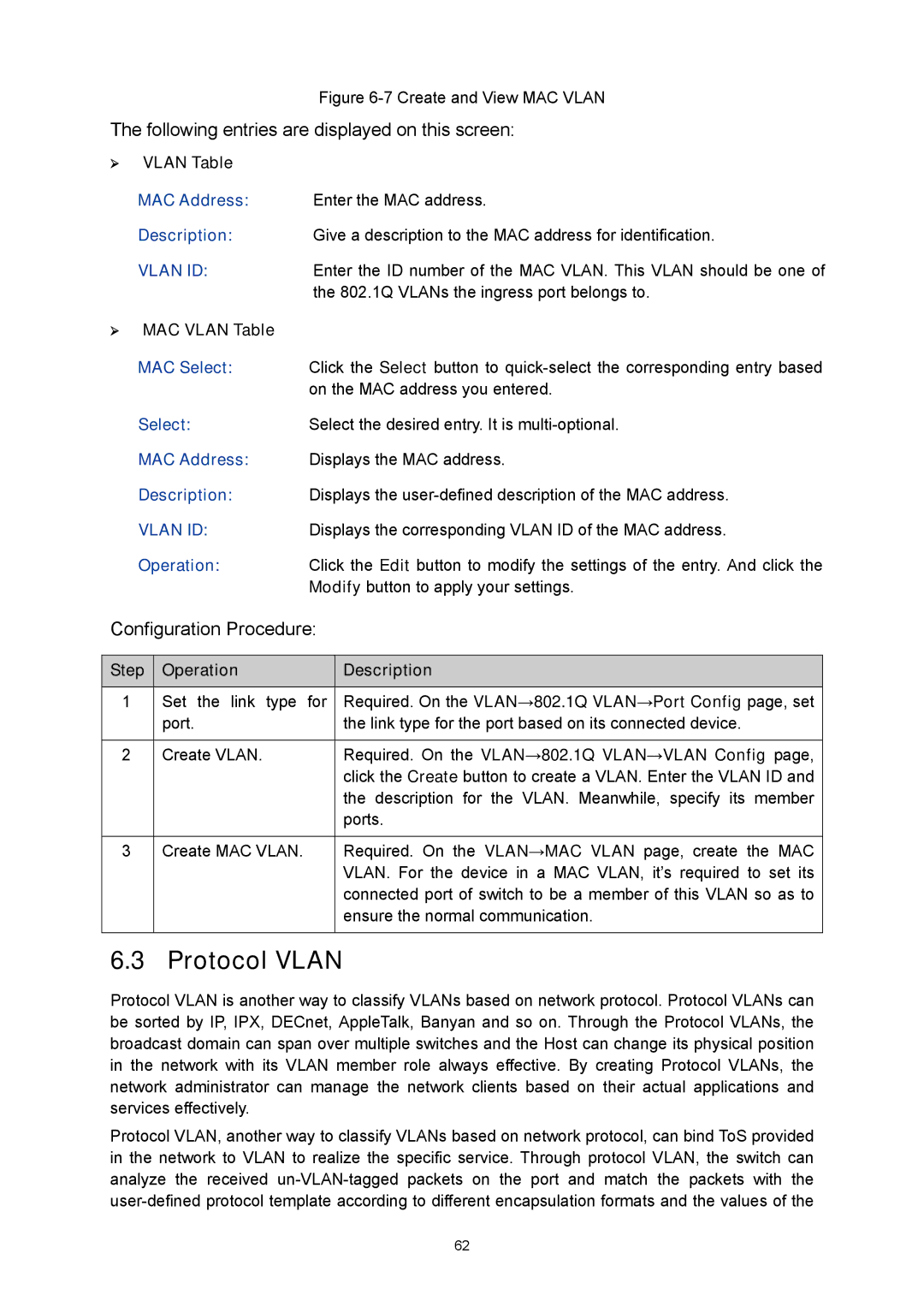 TP-Link TL-SG3424P manual Protocol Vlan, ¾ MAC Vlan Table, MAC Select 