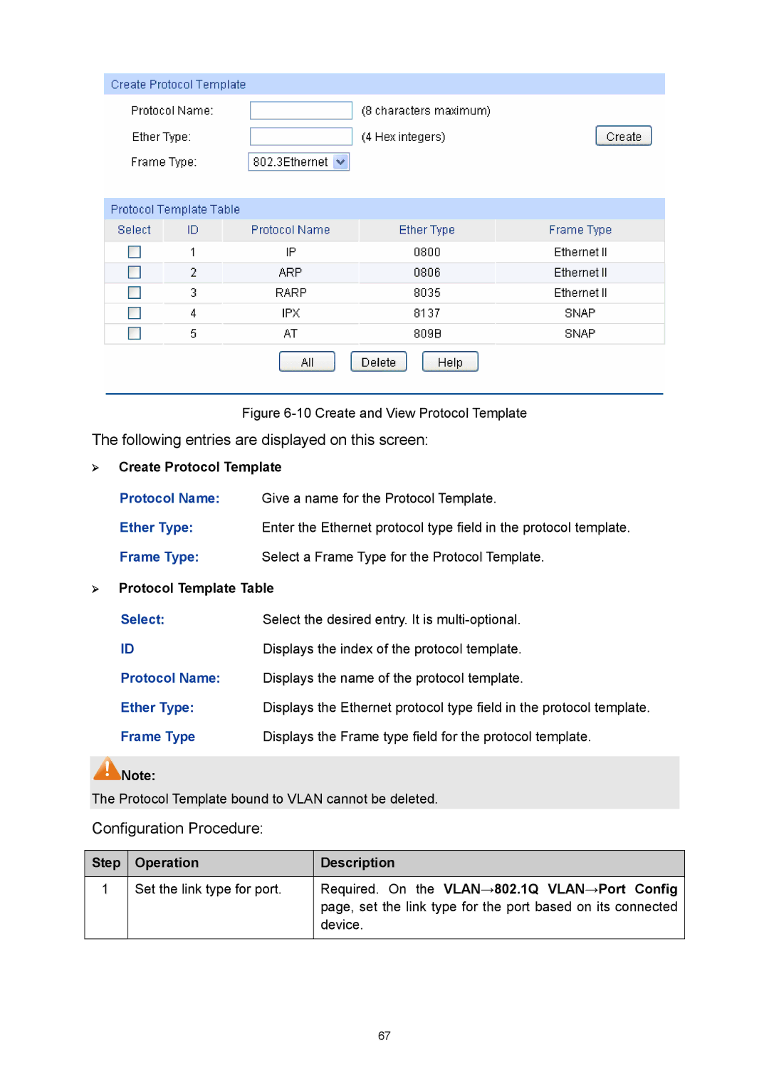 TP-Link TL-SG3424P ¾ Create Protocol Template, ¾ Protocol Template Table, Required. On the VLAN→802.1Q VLAN→Port Config 