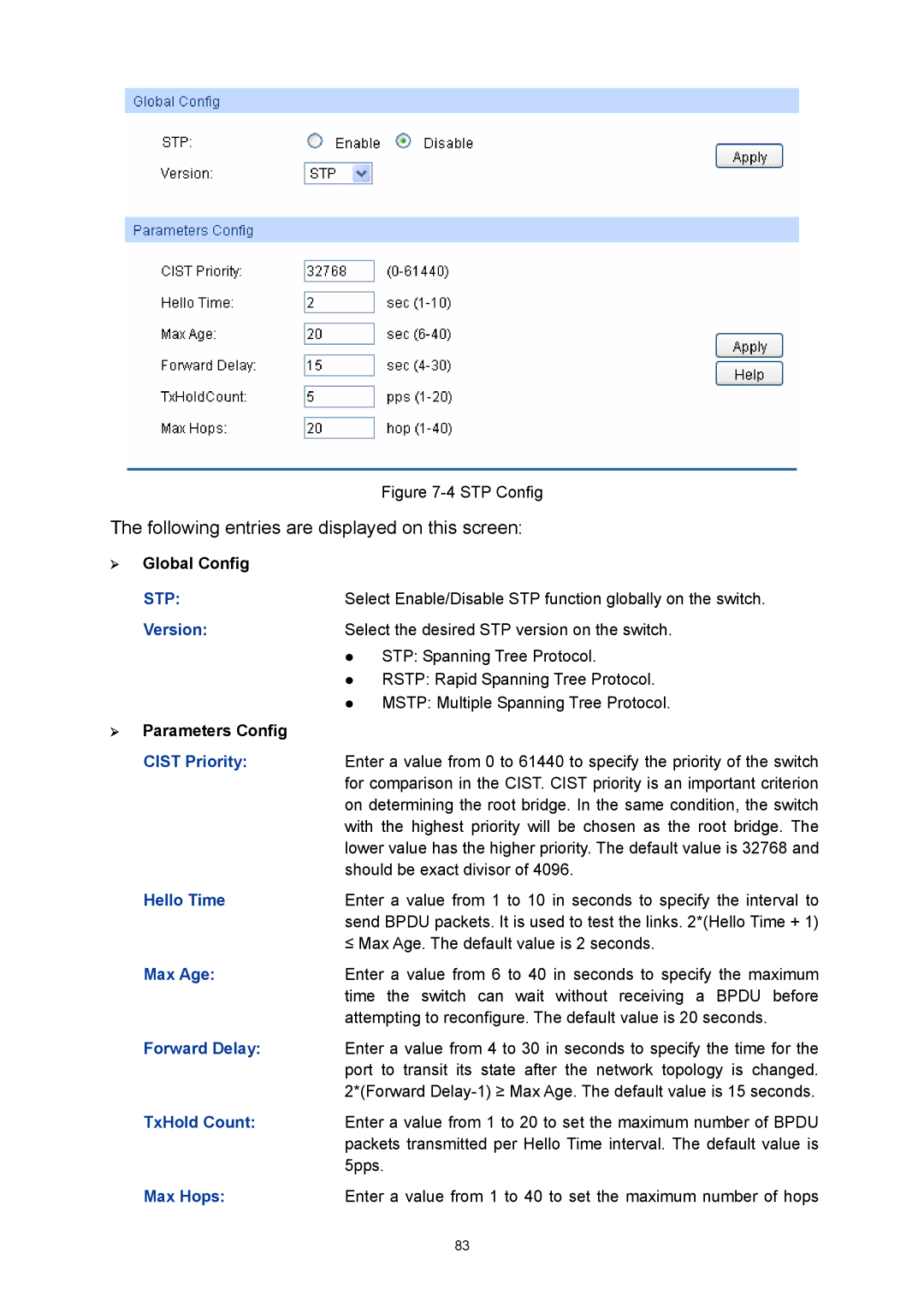 TP-Link TL-SG3424P manual Version, Hello Time, Max Age, Forward Delay, TxHold Count, Max Hops 